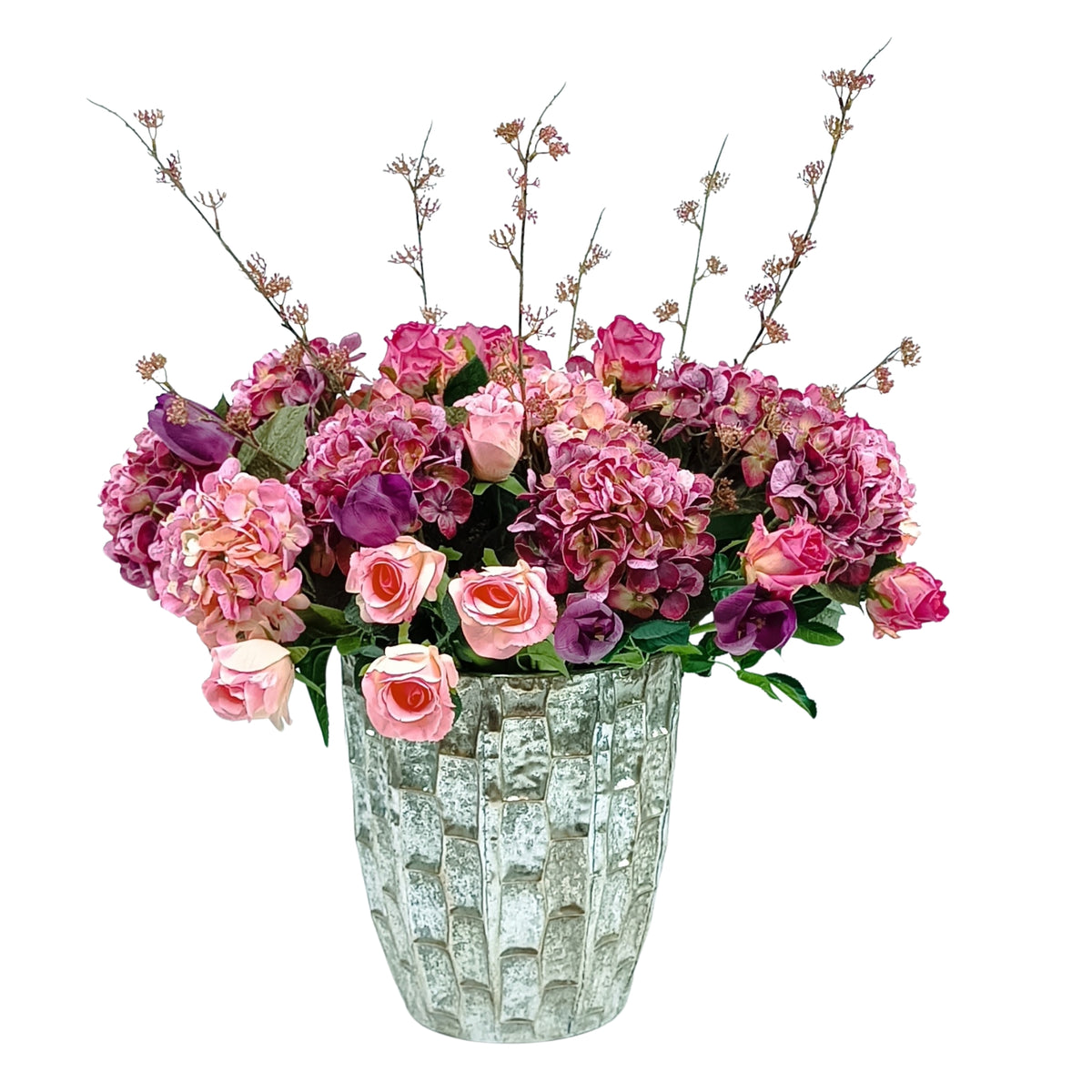 Hydrangea Tulips Roses Mix Silk Flower Arrangement in Large Tin Vase from Plant Couture www.plantcouture.co.za