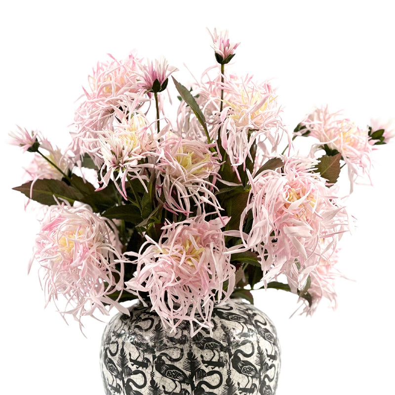 Spider Chrysanthemum Lilac Arrangement in Crane Ceramic Vase. Close up front view. Plant Couture.