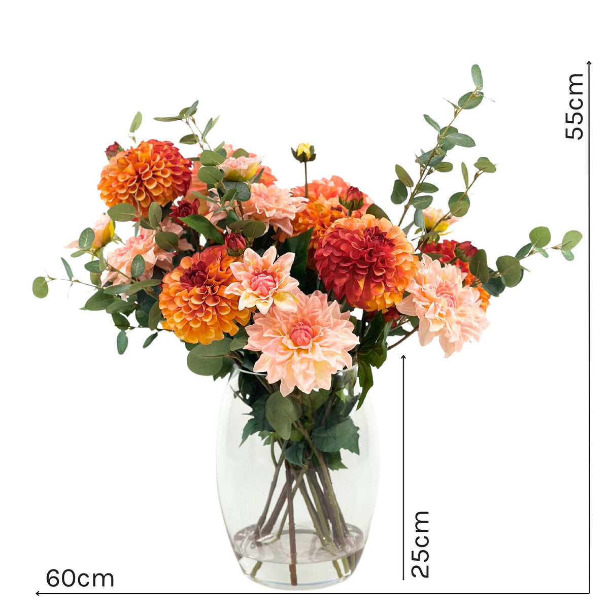 Dahlia Silk Flower Arrangement in Short Barrel Glass Vase. Front View with measurements. Plant Couture.