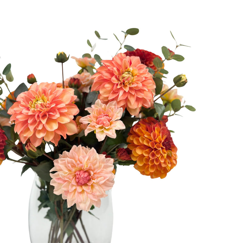 Dahlia Silk Flower Arrangement in Short Barrel Glass Vase. Close up View. Plant Couture.