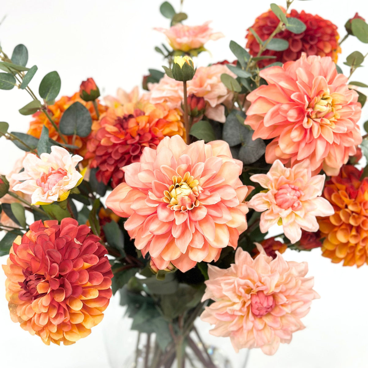 Dahlia Silk Flower Arrangement in Short Barrel Glass Vase. Top View. Plant Couture.