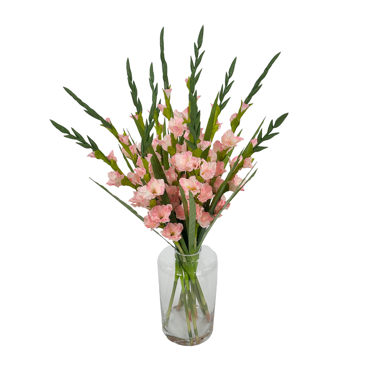 A Gladiolus Arrangement with vibrant pink petals fitted inside a glass vase