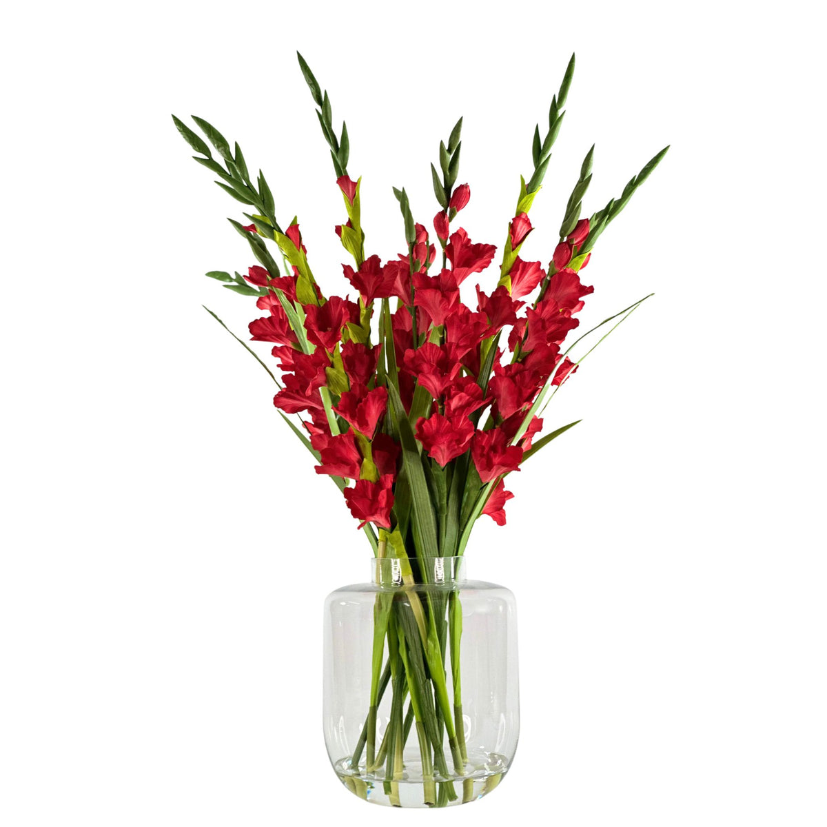 Gladioulus Red in Glass Vase. Full view of silk flowers in vase. Available from Plant Couture.