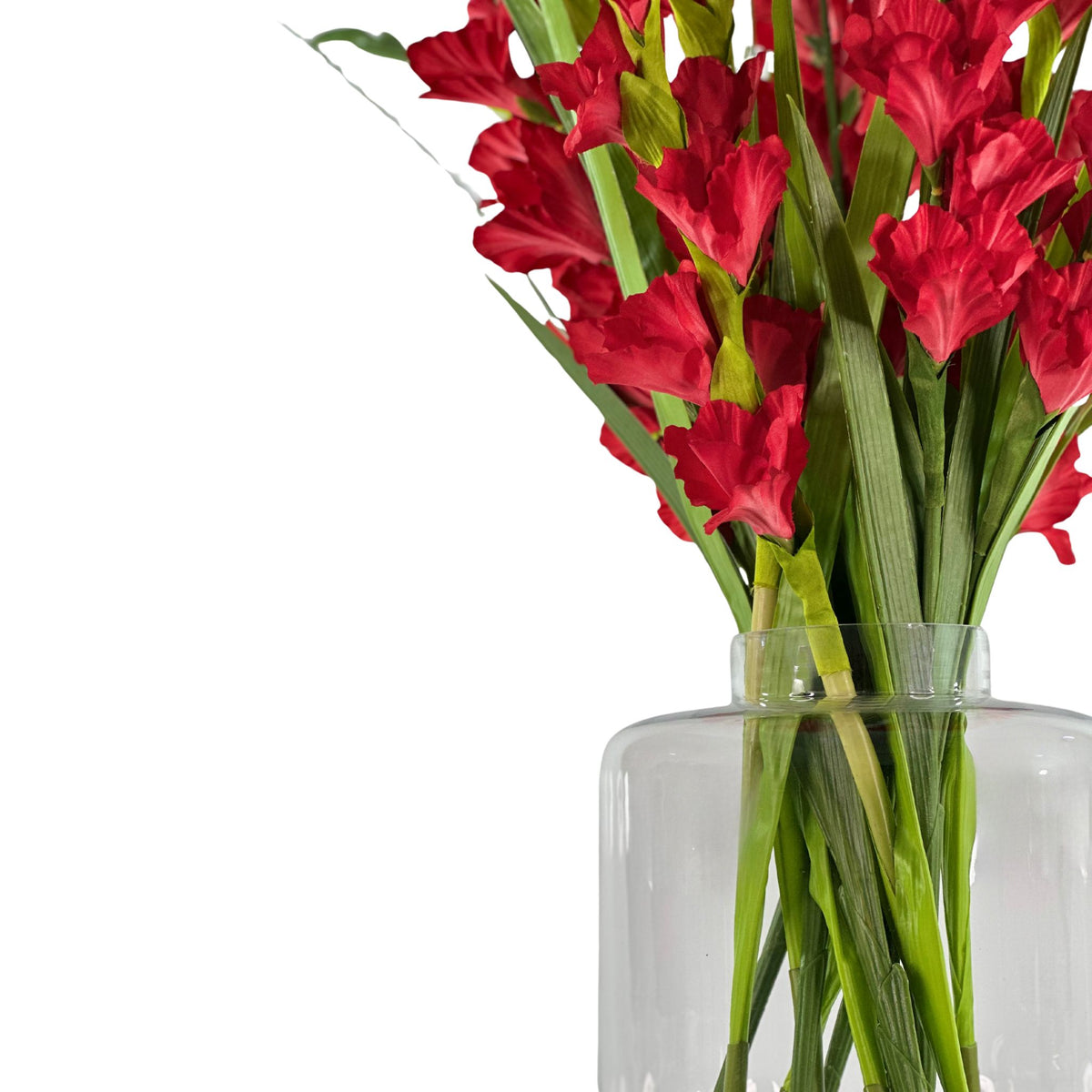 Gladioulus Red in Glass Vase. Close up view of silk flowers in vase. Available from Plant Couture.