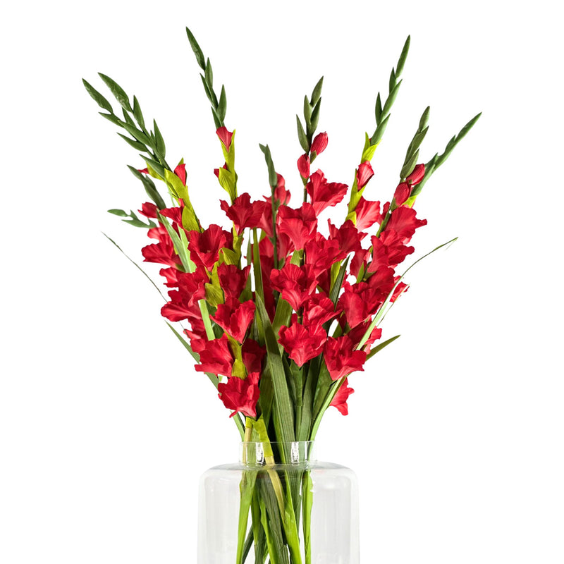 Gladioulus Red in Glass Vase. Full view of silk flowers in vase. Available from Plant Couture.