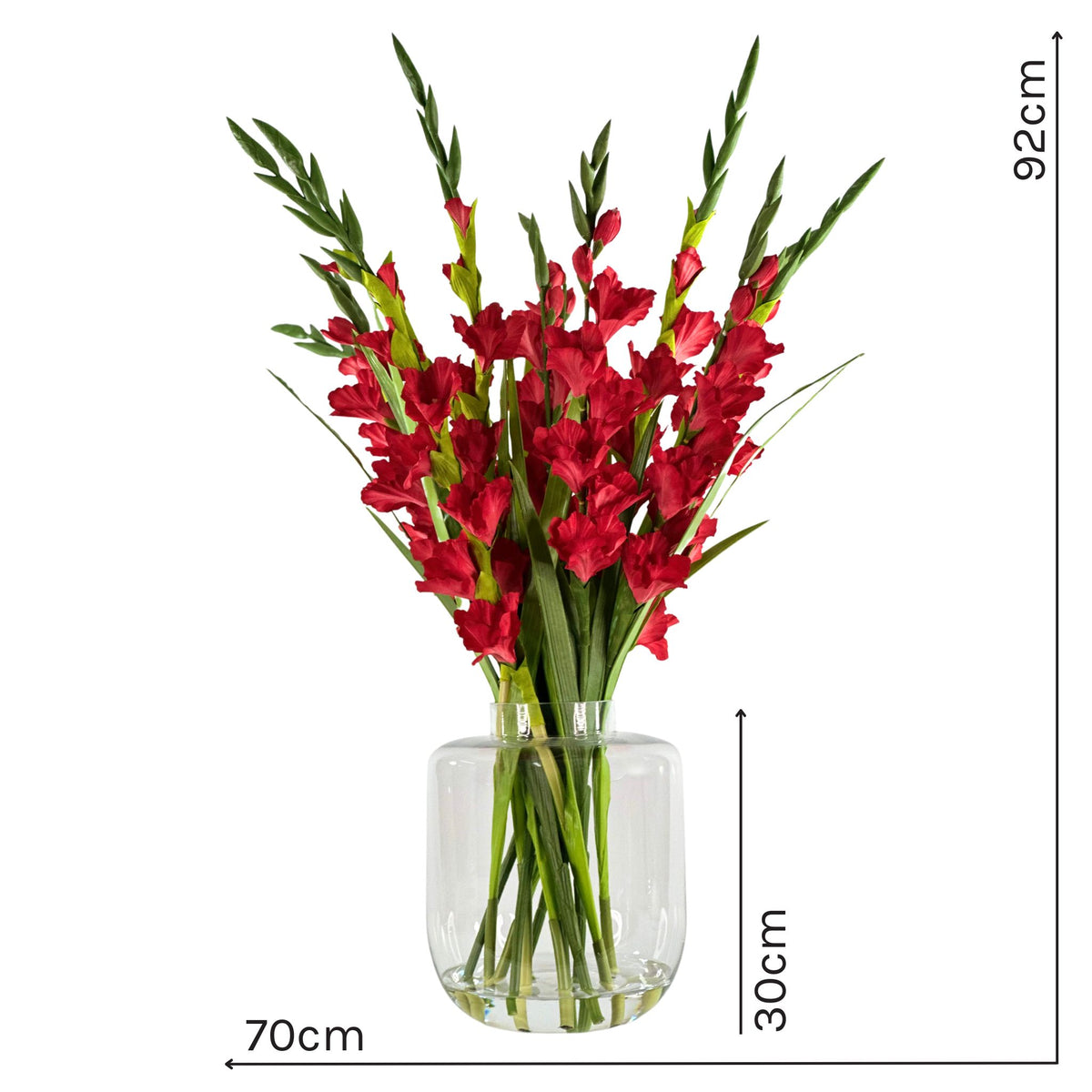 Gladioulus Red in Glass Vase. Close up view of silk flowers in vase with measurements. Available from Plant Couture.