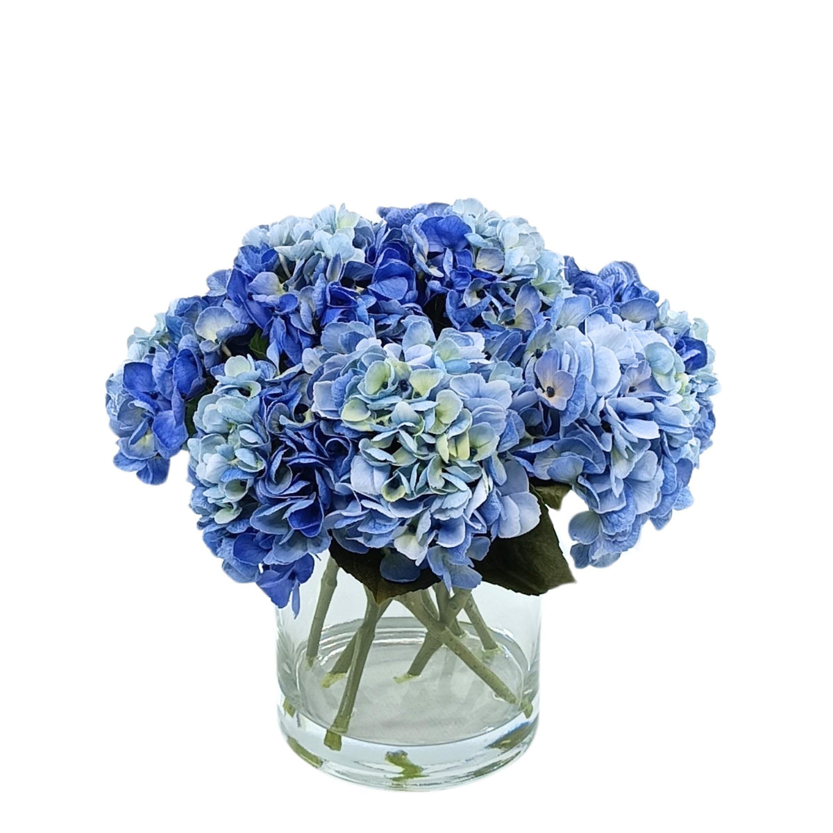 Hydrangea Blue in Cylinder Glass Vase. Front view of silk flower arrangement from www.plantcouture.co.za