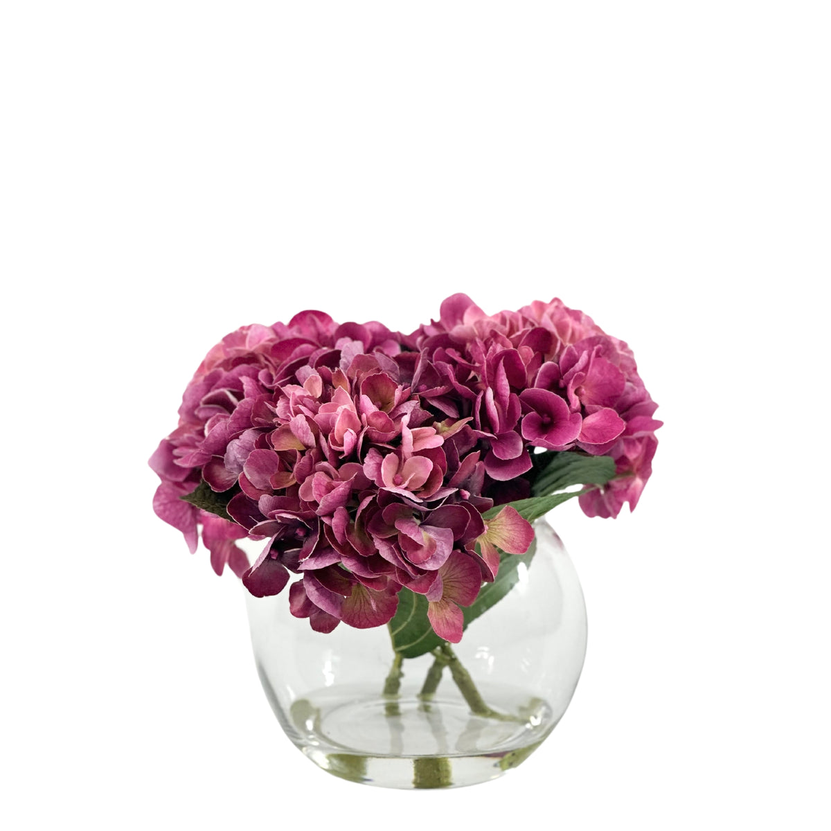 Hydrangea Purple Pink Silk Flower Arrangement in Small Fishbowl Glass Vase available from Plant Couture www.plantcouture.co.za