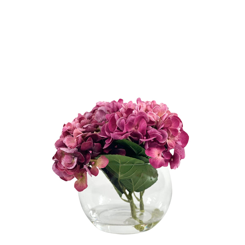 Hydrangea Purple Pink Silk Flower Arrangement in Small Fishbowl Glass Vase available from Plant Couture www.plantcouture.co.za