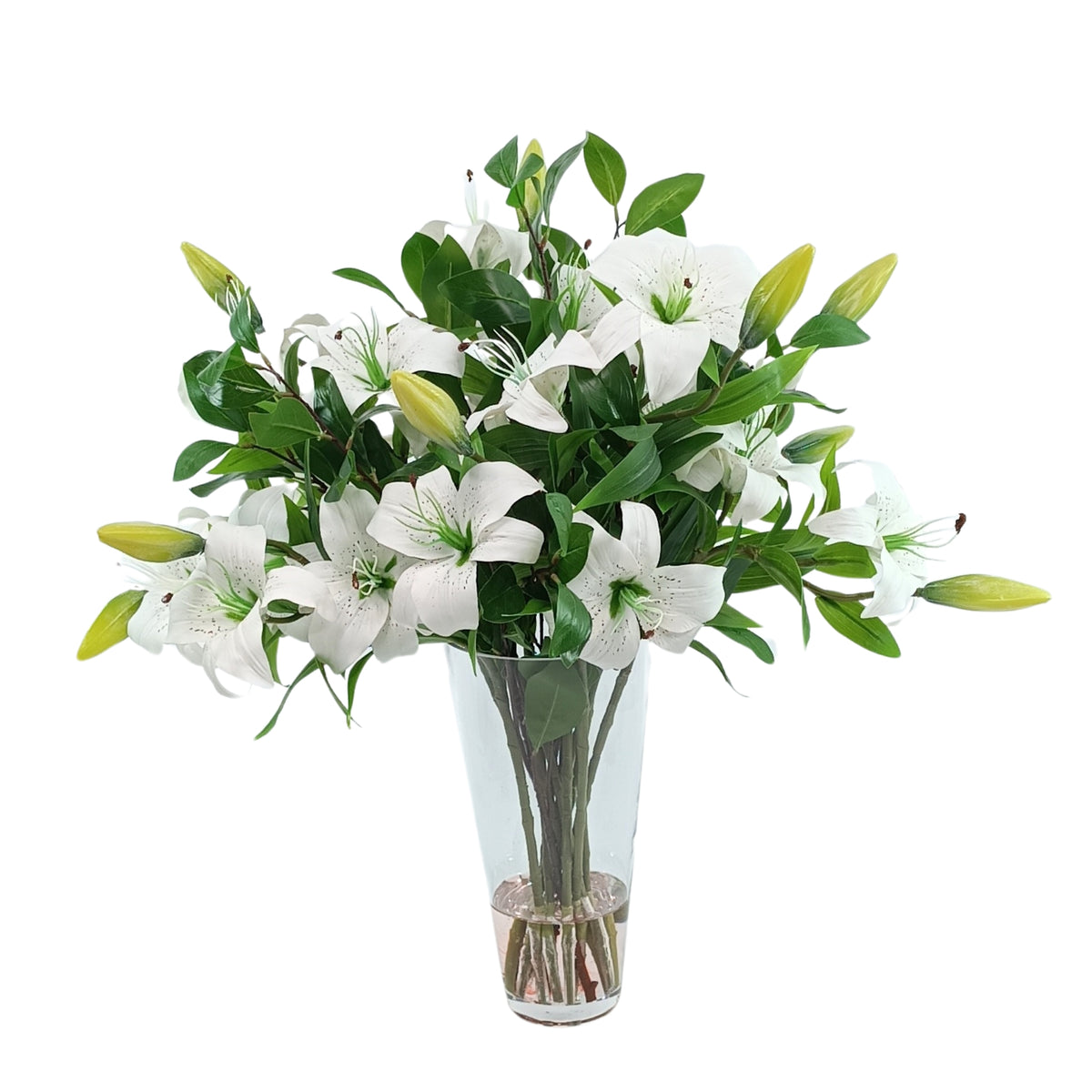 white tiger lillies with foliage silk flower arrangement Plant Couture