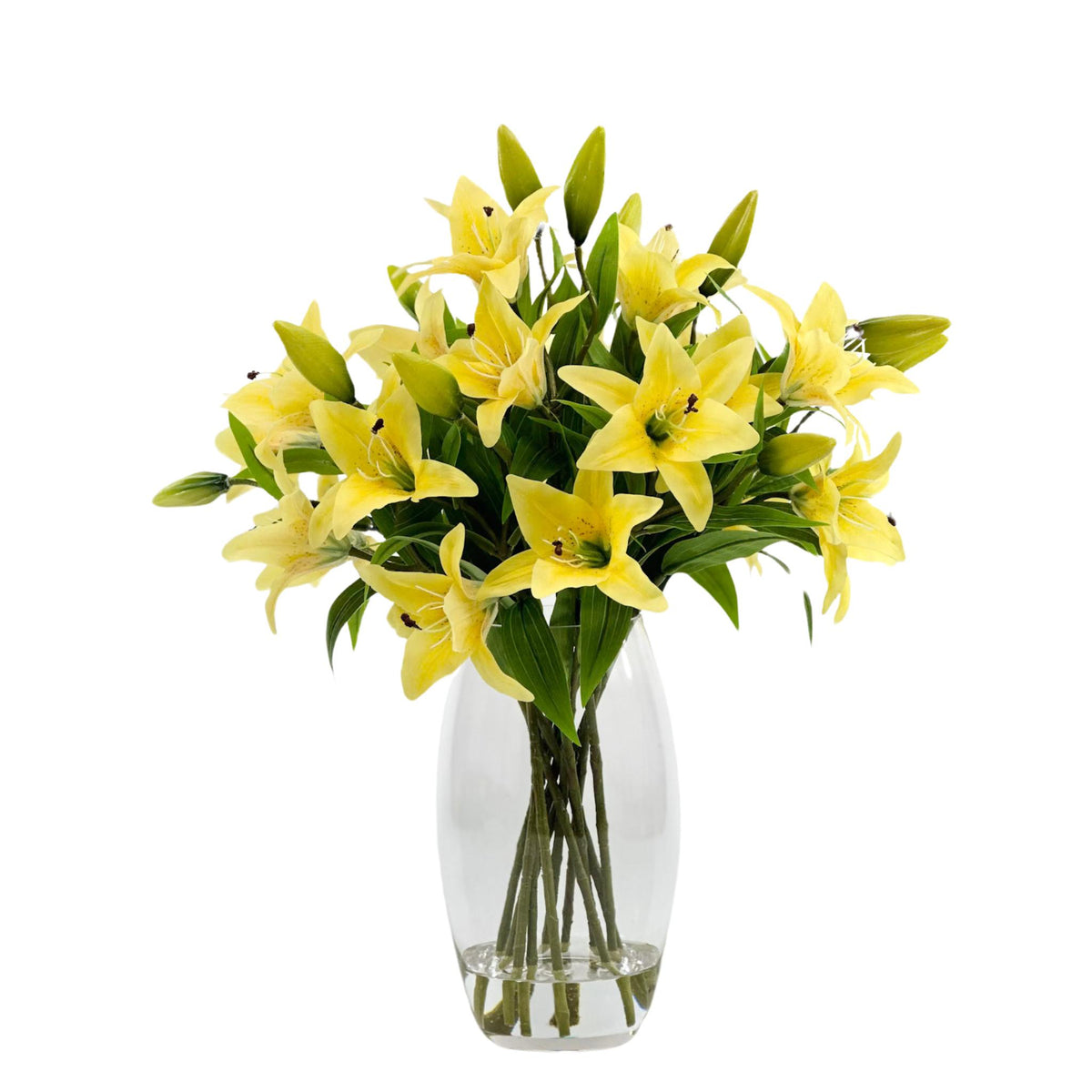 Tiger Lillies Yellow Silk Flower Arrangement in Glass Barrel Vase. Full front view. Available from www.plantcouture.co.za