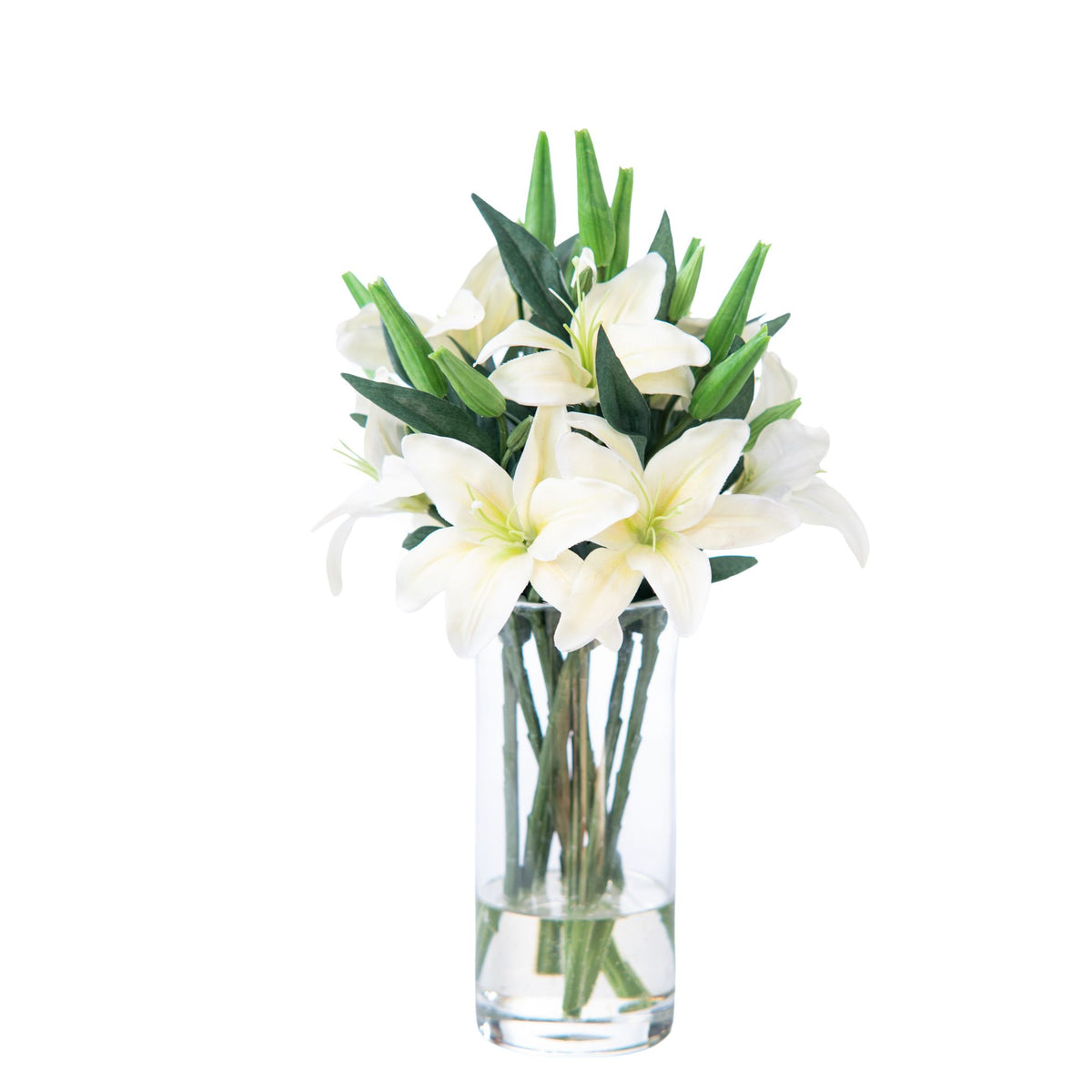 Tiger Lilly Light Yellow Silk Flower Arrangement In Glass Cylinder Vase. Available from Plant Couture.