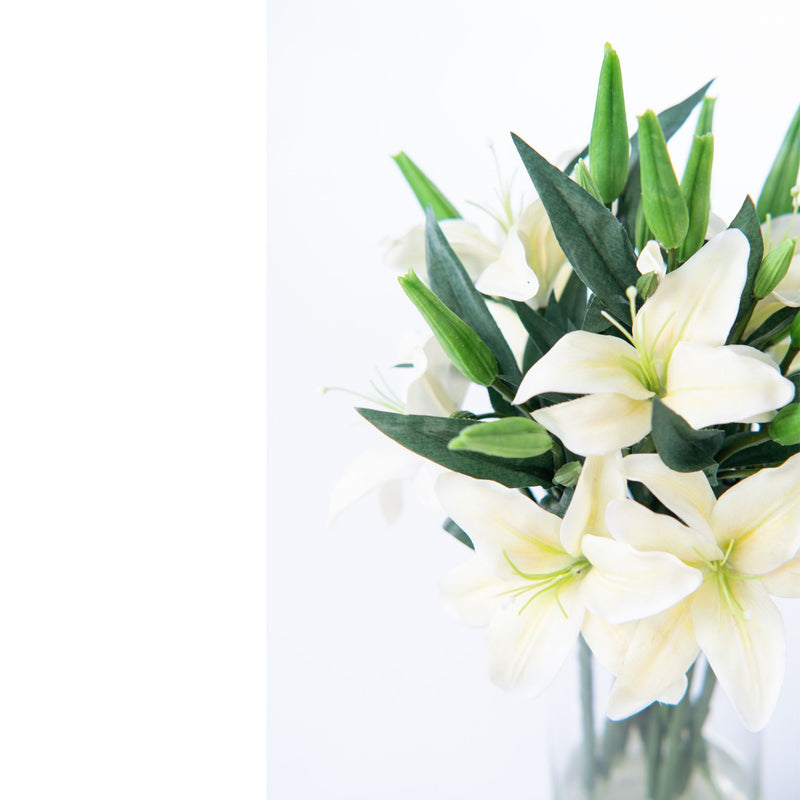 Tiger Lilly Light Yellow Silk Flower Arrangement In Glass Cylinder Vase. Available from Plant Couture.