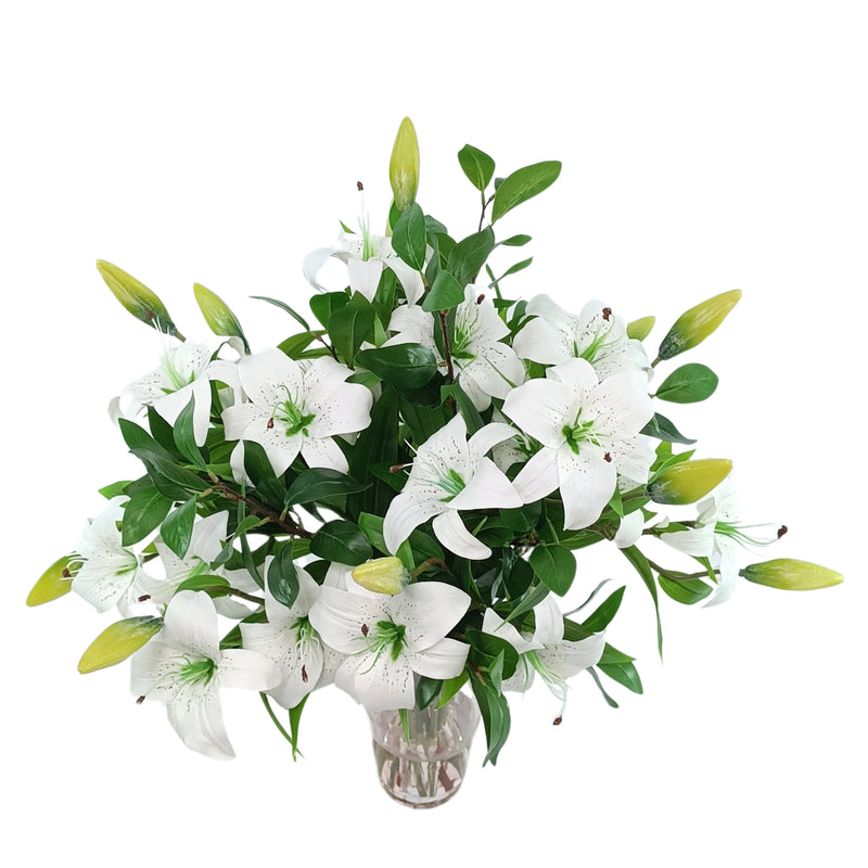 white tiger lillies with foliage silk flower arrangement Plant Couture