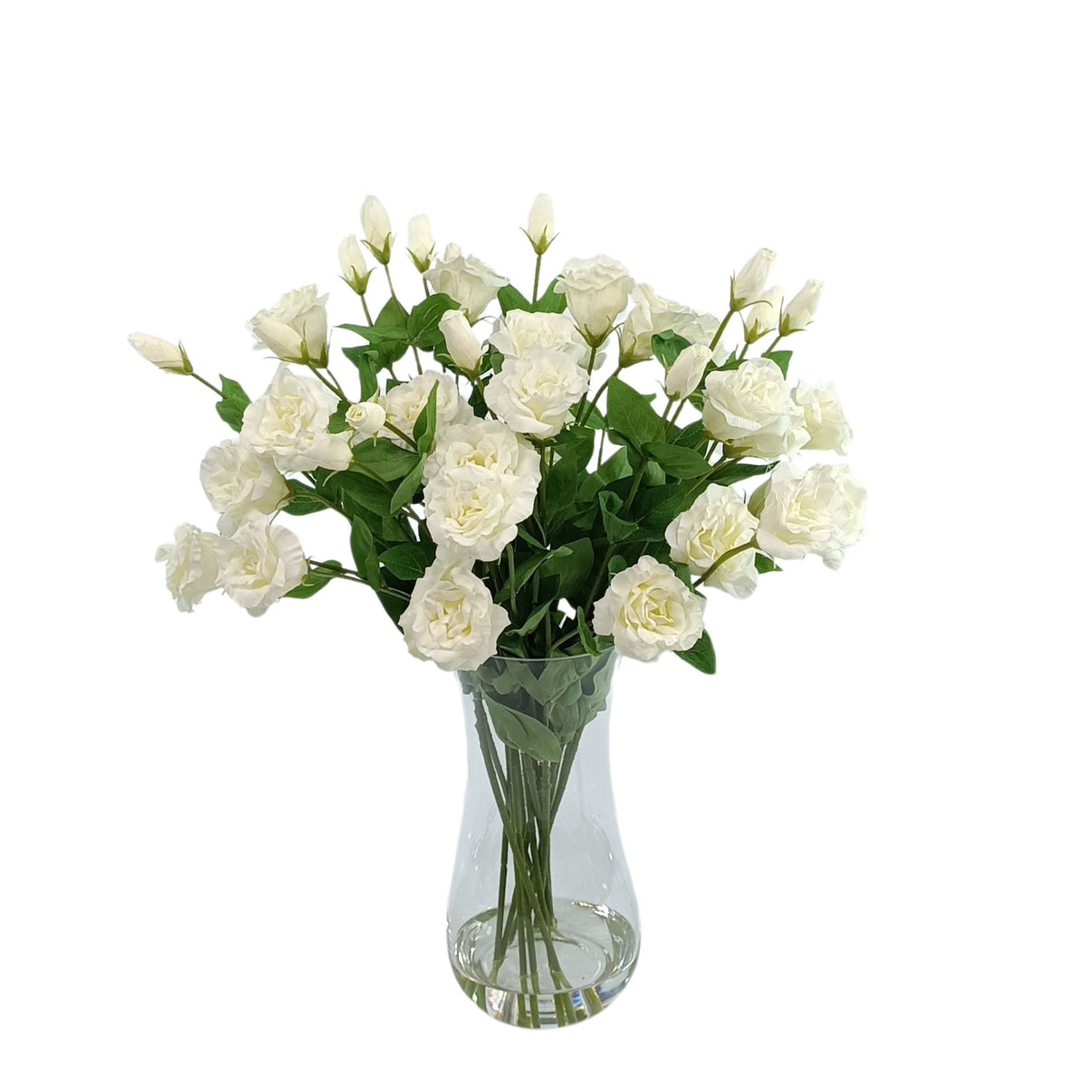 White Lusianthus Silk Flower Arrangement in Waisted Glass Vase. Front view. Plant Couture.