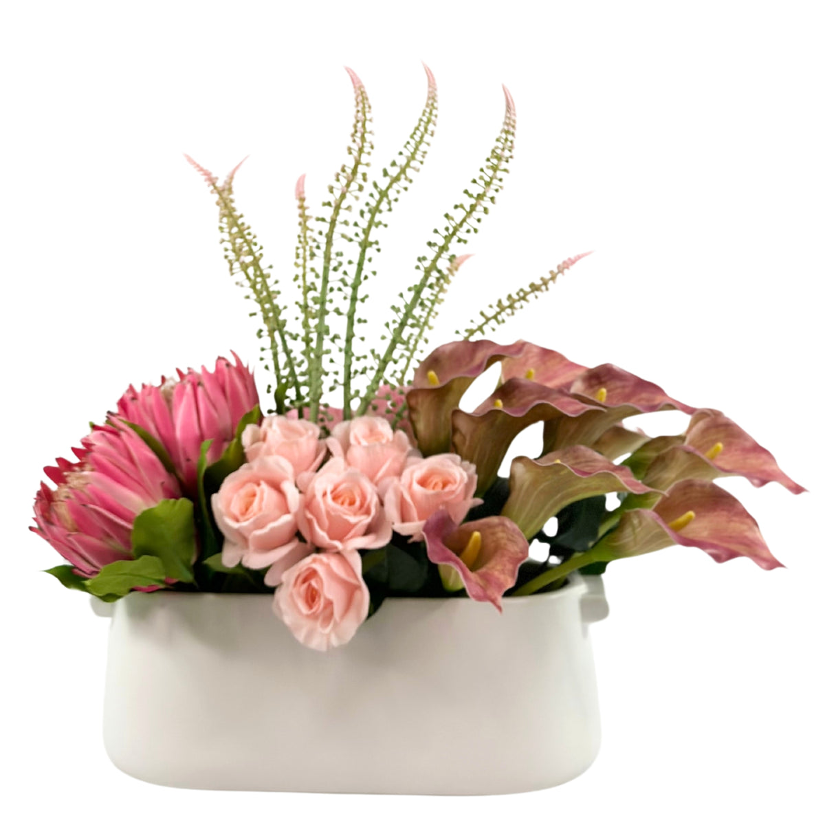 Protea Rose Arum Lily Mix Arrangement in White Ceramic Planter