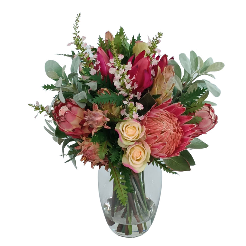 Mix Arrangement Protea Rose Artichoke. Silk flower arrangement available from www.plantcouture.co.za. Top view of arrangement.