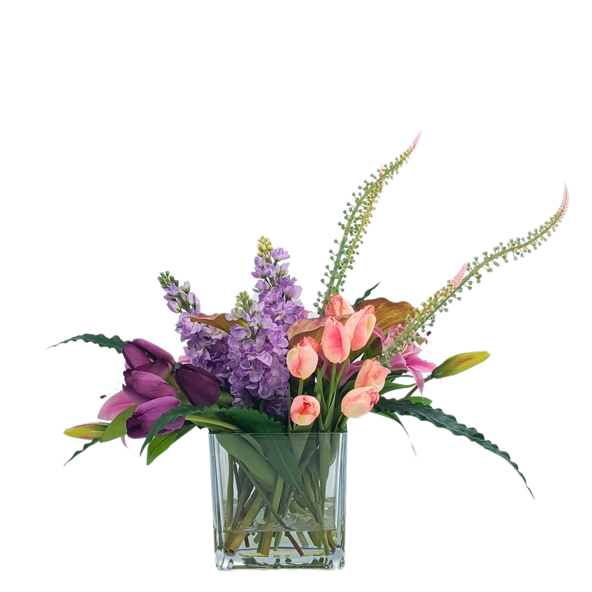 Mix Arrangement Arum Lily Tulip Snapdragon. Front view of silk flower arrangement available from www.plantcouture.co.za