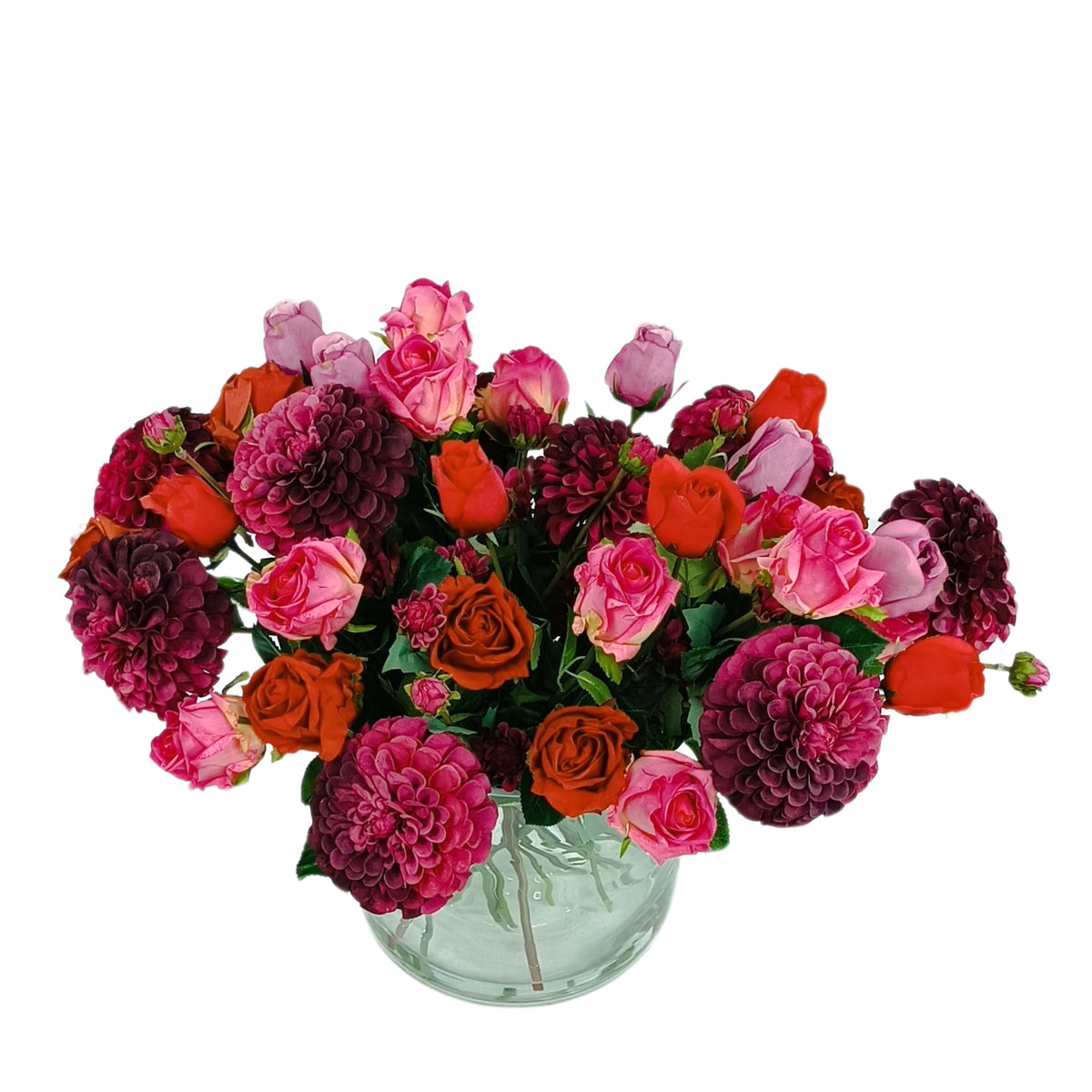 Dahlia Pom Pom & Roses Mix Arrangement in Glass Cylinder Vase