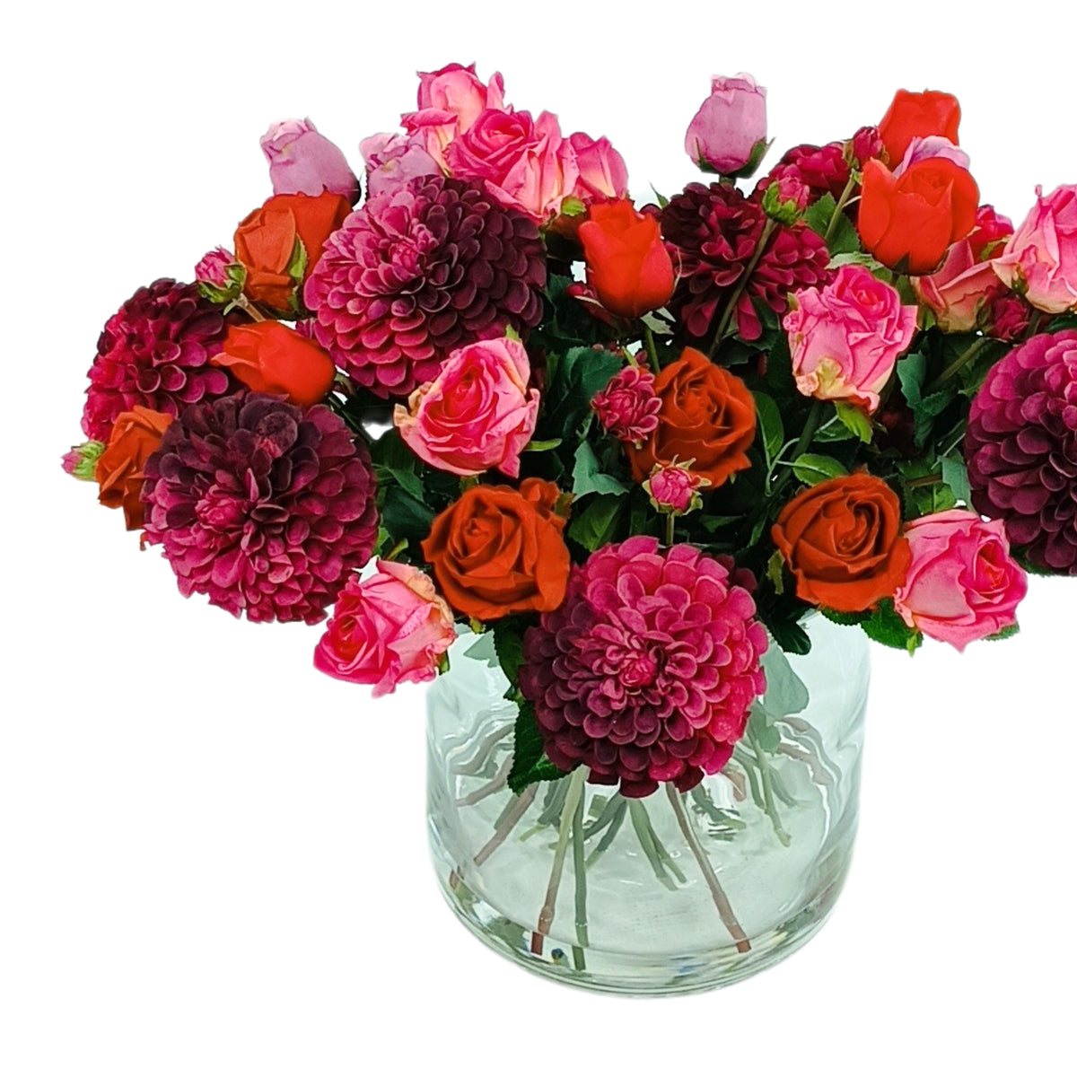 Dahlia Pom Pom & Roses Mix Arrangement in Glass Cylinder Vase