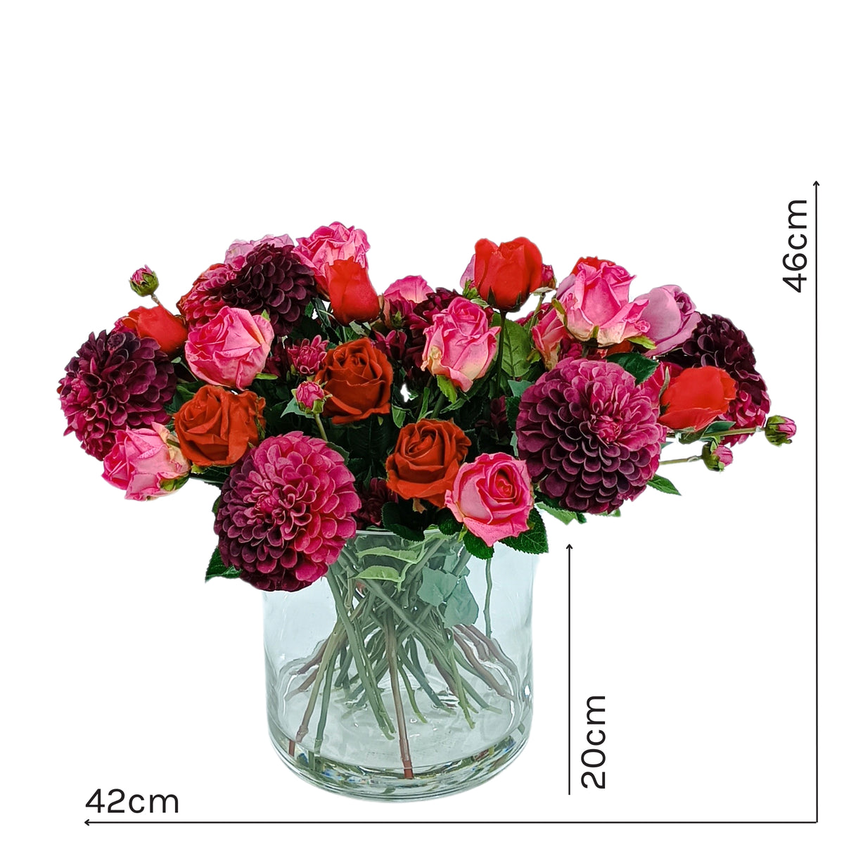 Dahlia Pom Pom & Roses Mix Arrangement in Glass Cylinder Vase