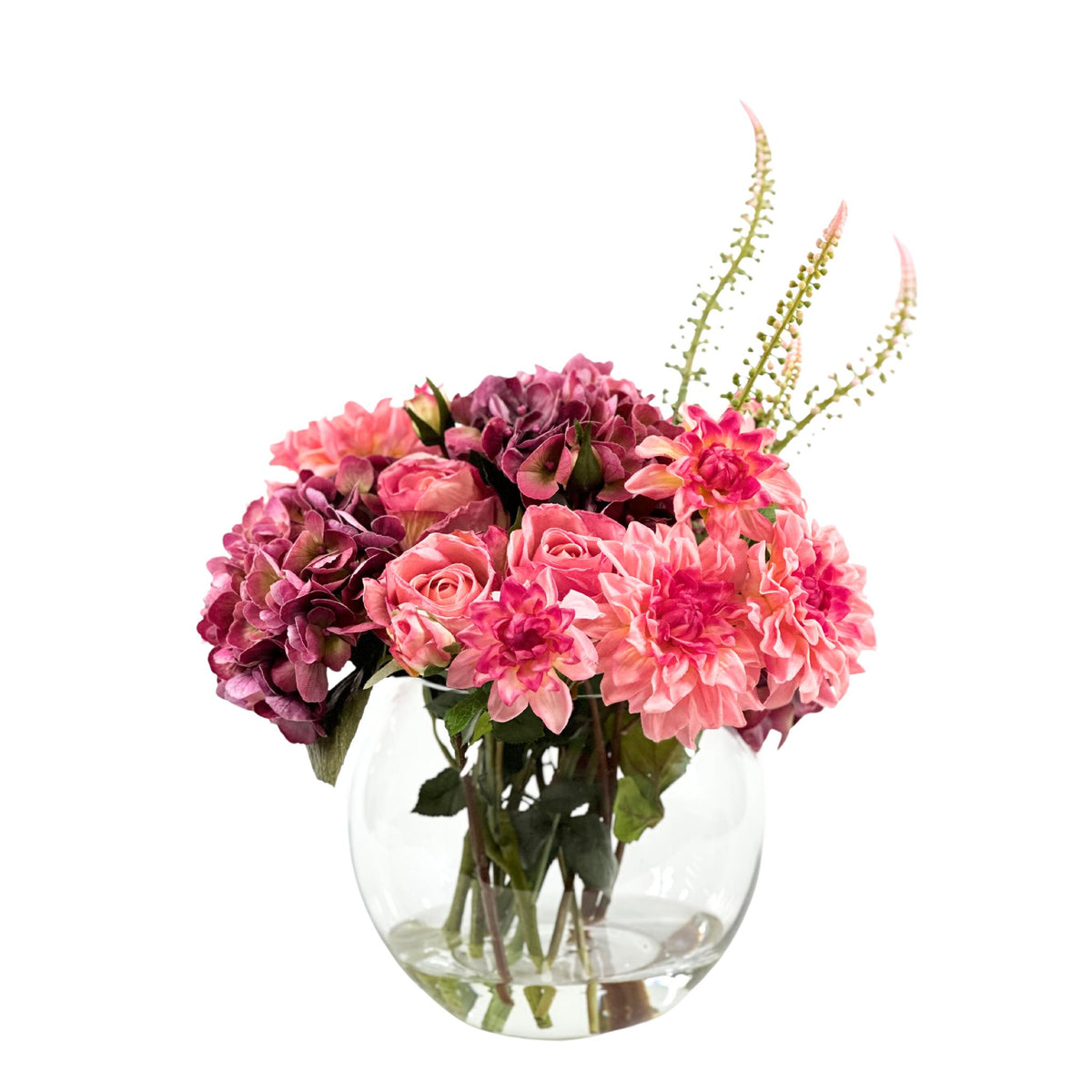 Hydrangea Rose Dahlia Mix Silk Flower Arrangement in Fishbowl Glass Vase. Full front view. Available from www.plantcouture.co.za