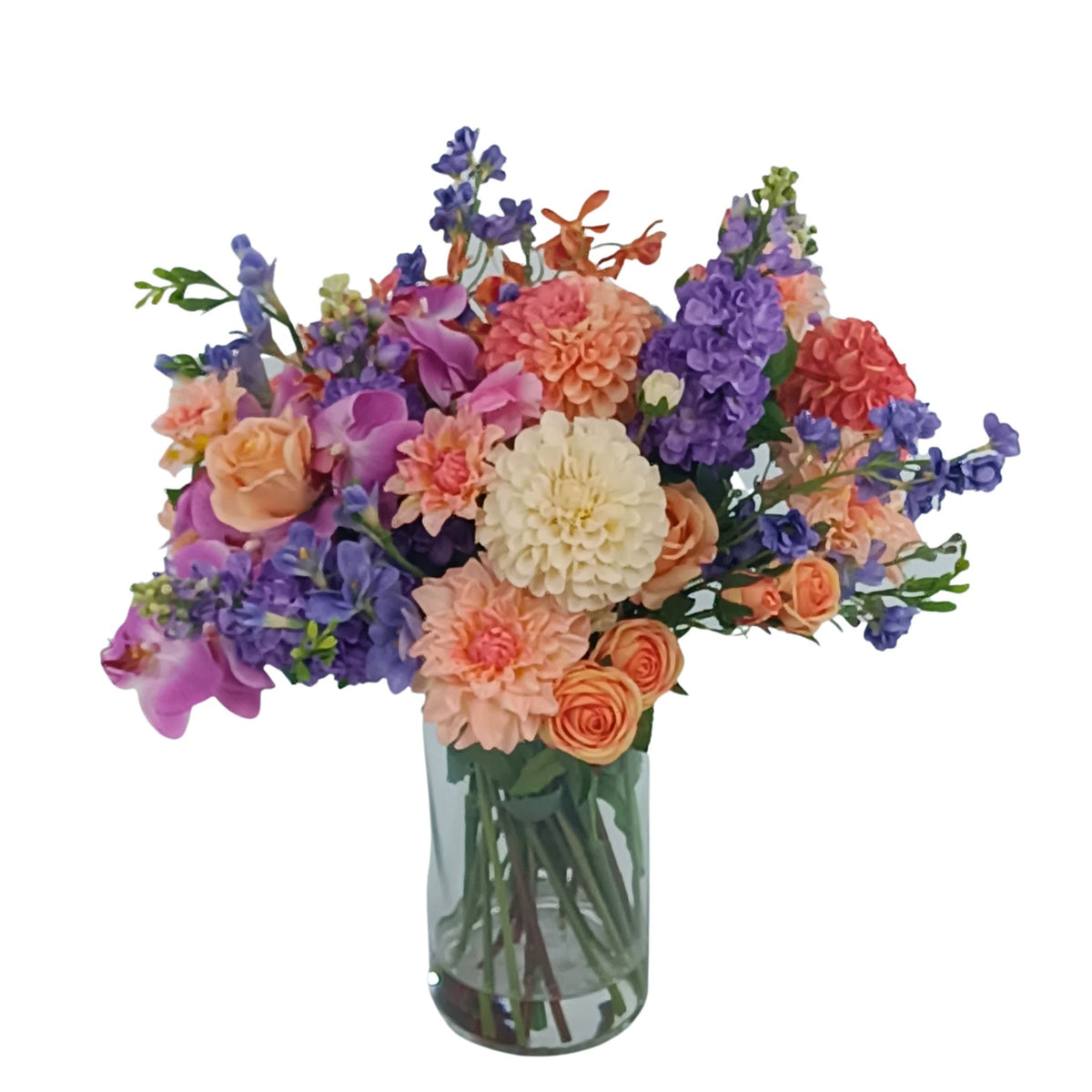 Dahlia Roses Snapdragon Freezia Orchid Mix Arrangement in Glass Vase