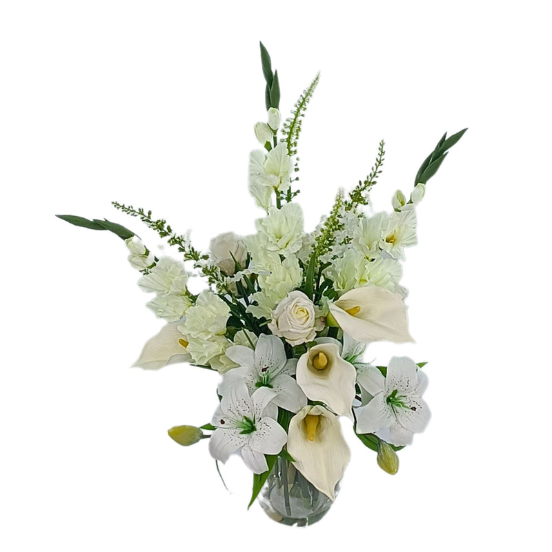 Arum Lily Gladioulus Oncidium Rose Tiger Lily Mix Arrangement. Top view of silk flower arrangement available from Plant Couture.