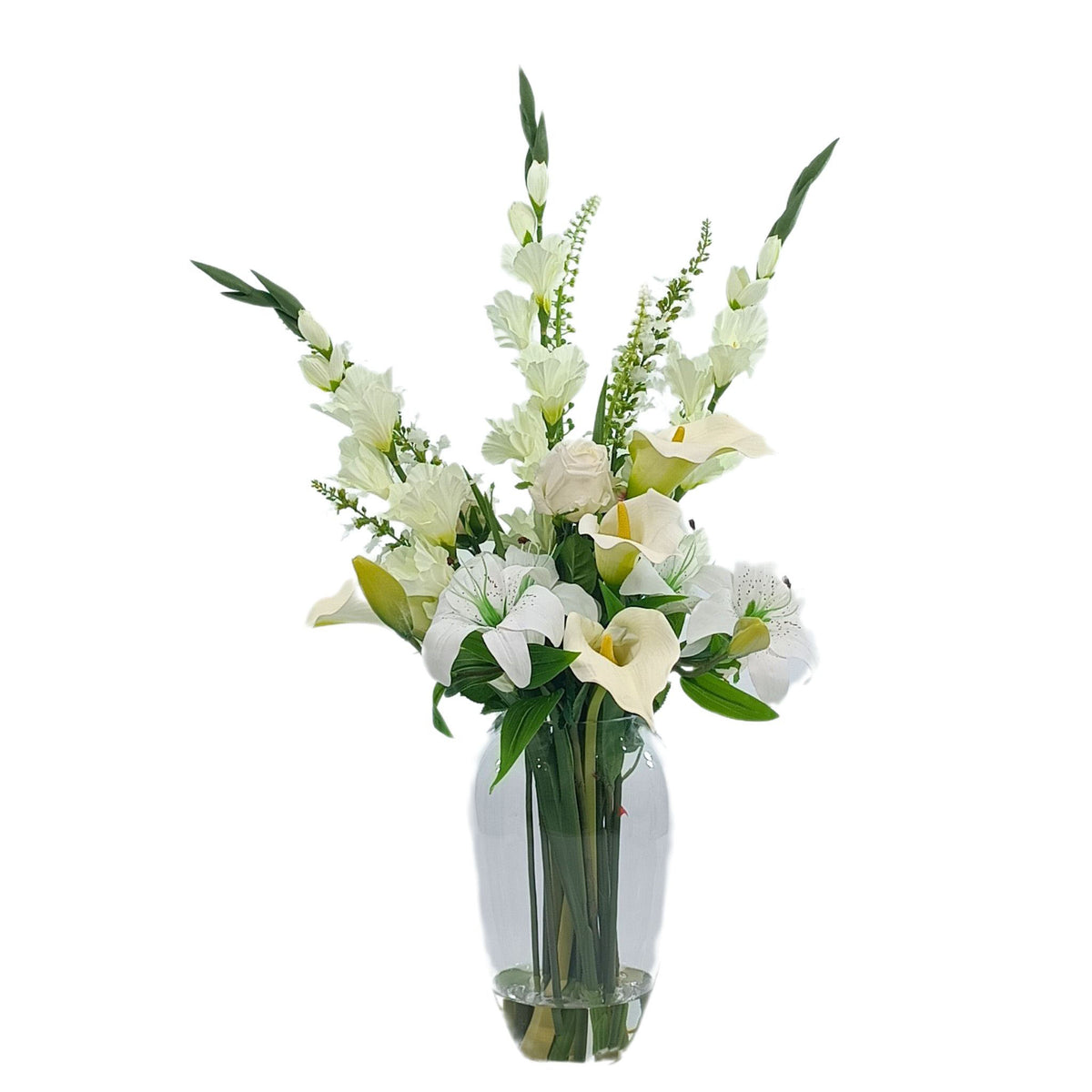 Arum Lily Gladioulus Oncidium Rose Tiger Lily Mix Arrangement. Full front view of silk flower arrangement available from Plant Couture.