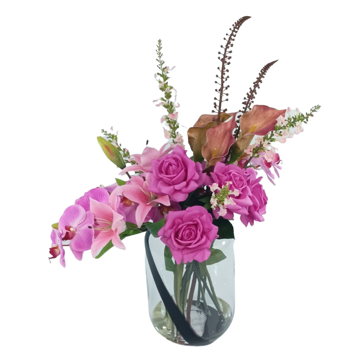 Oncidium Arum Tiger Lily Rose Mix Arrangement in Shiny Glass Vase