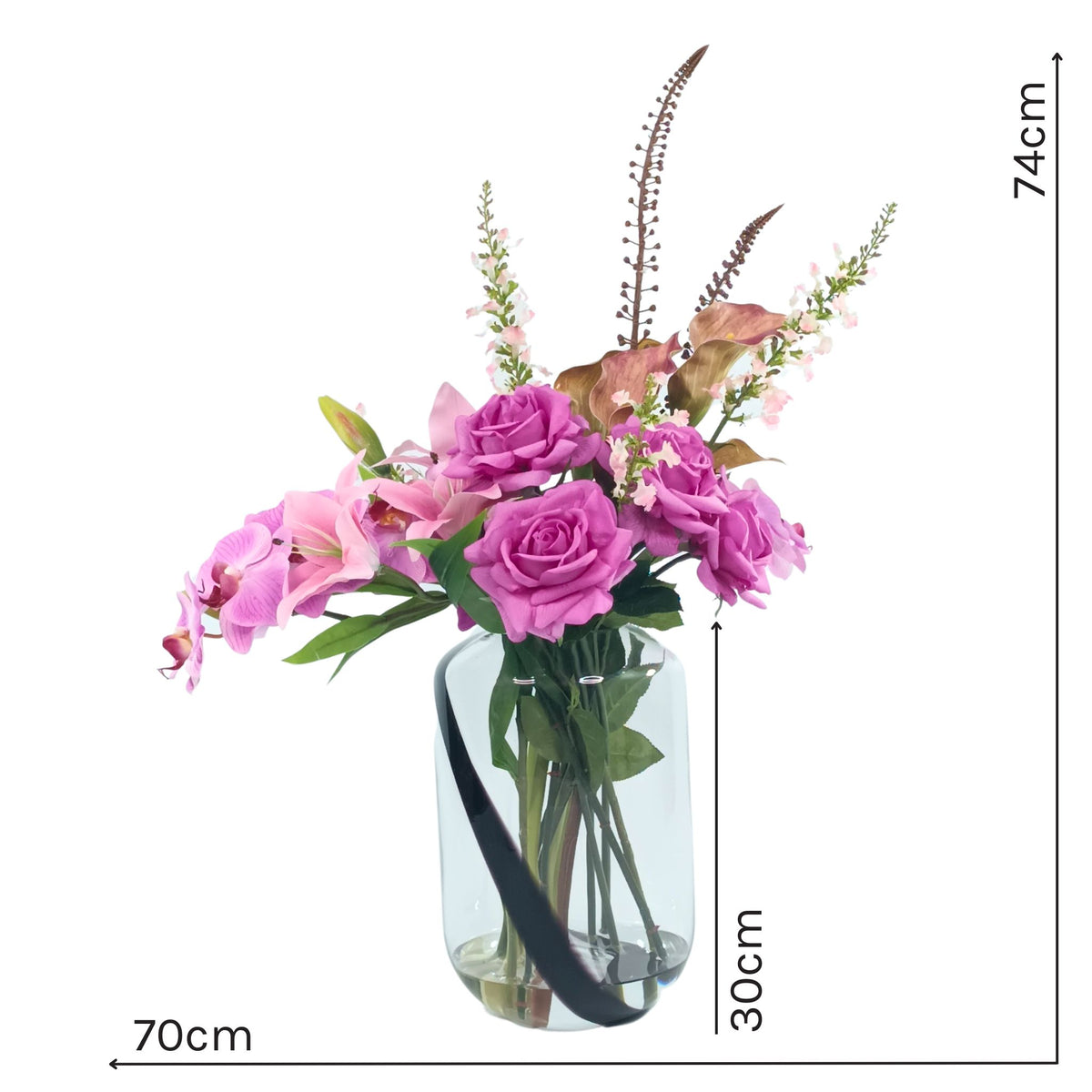 Oncidium Arum Tiger Lily Rose Mix Arrangement in Shiny Glass Vase