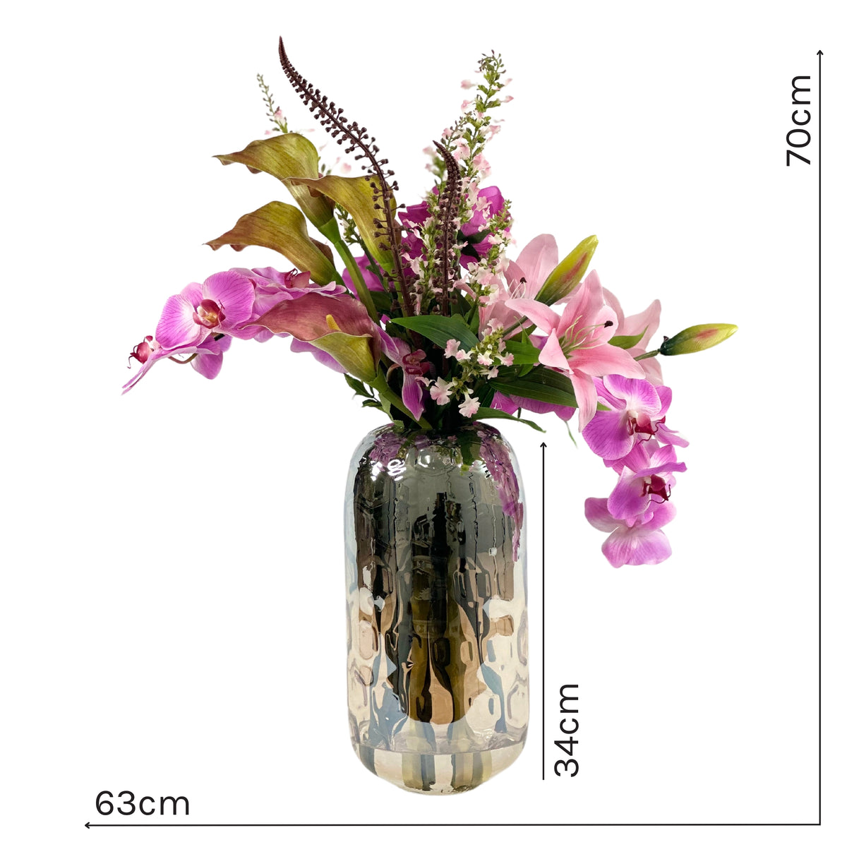 Faux Phalaenopsis & Oncidium orchids, Arum & Tiger Lily with Rose Purple & Pink Mix Arrangement 63cm wide,70cm high in Shiny Glass Vase 34cm high