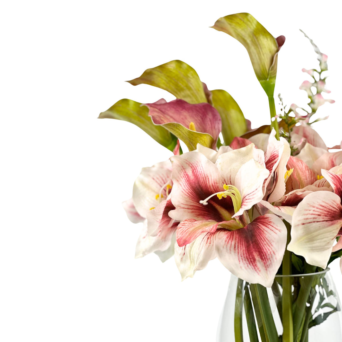 Amaryllis Calla Lily Oncidium Pink Mix Silk Flower Arrangement in Glass Vase. Close up view. Plant Couture.