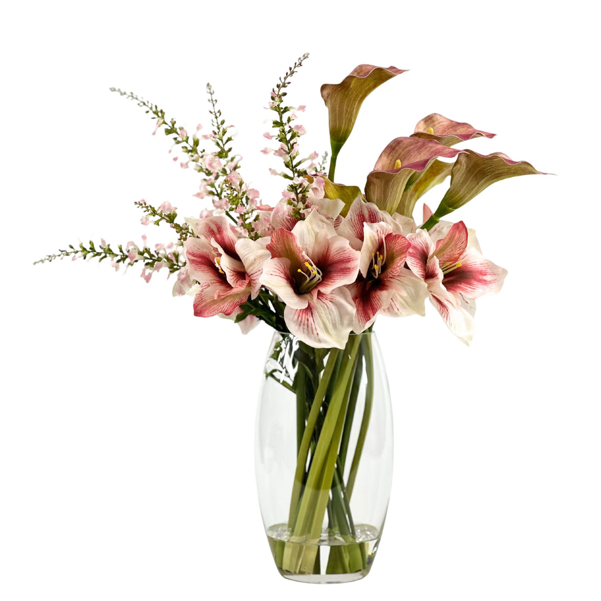 Amaryllis Calla Lily Oncidium Pink Mix Silk Flower Arrangement in Glass Vase. Front view. Plant Couture.