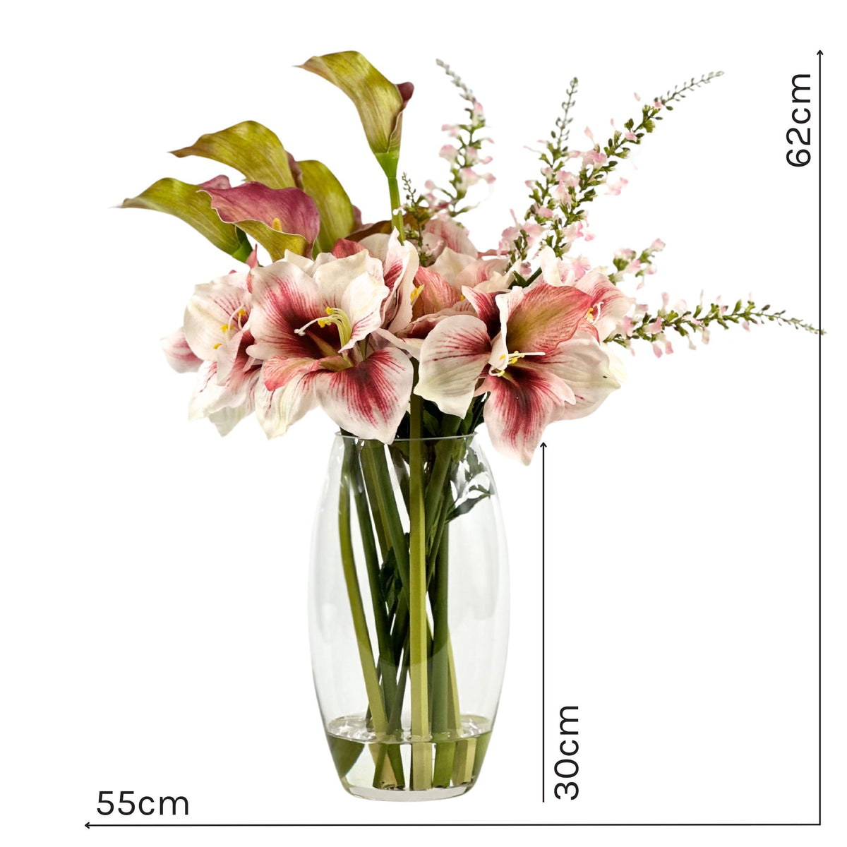 Amaryllis Calla Lily Oncidium Pink Mix Silk Flower Arrangement in Glass Vase. Front view with measurements. Plant Couture.