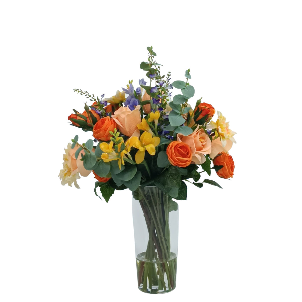 Mix Freezia Dahlia Roses in Tapered Glass Vase