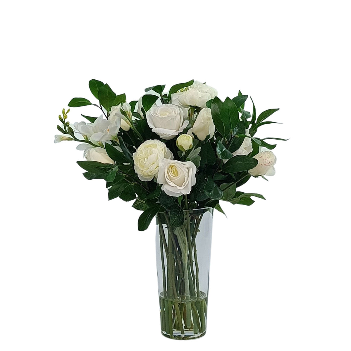 Mix Rose Rananculous Freezia Arrangement in Tapered Glass Vase