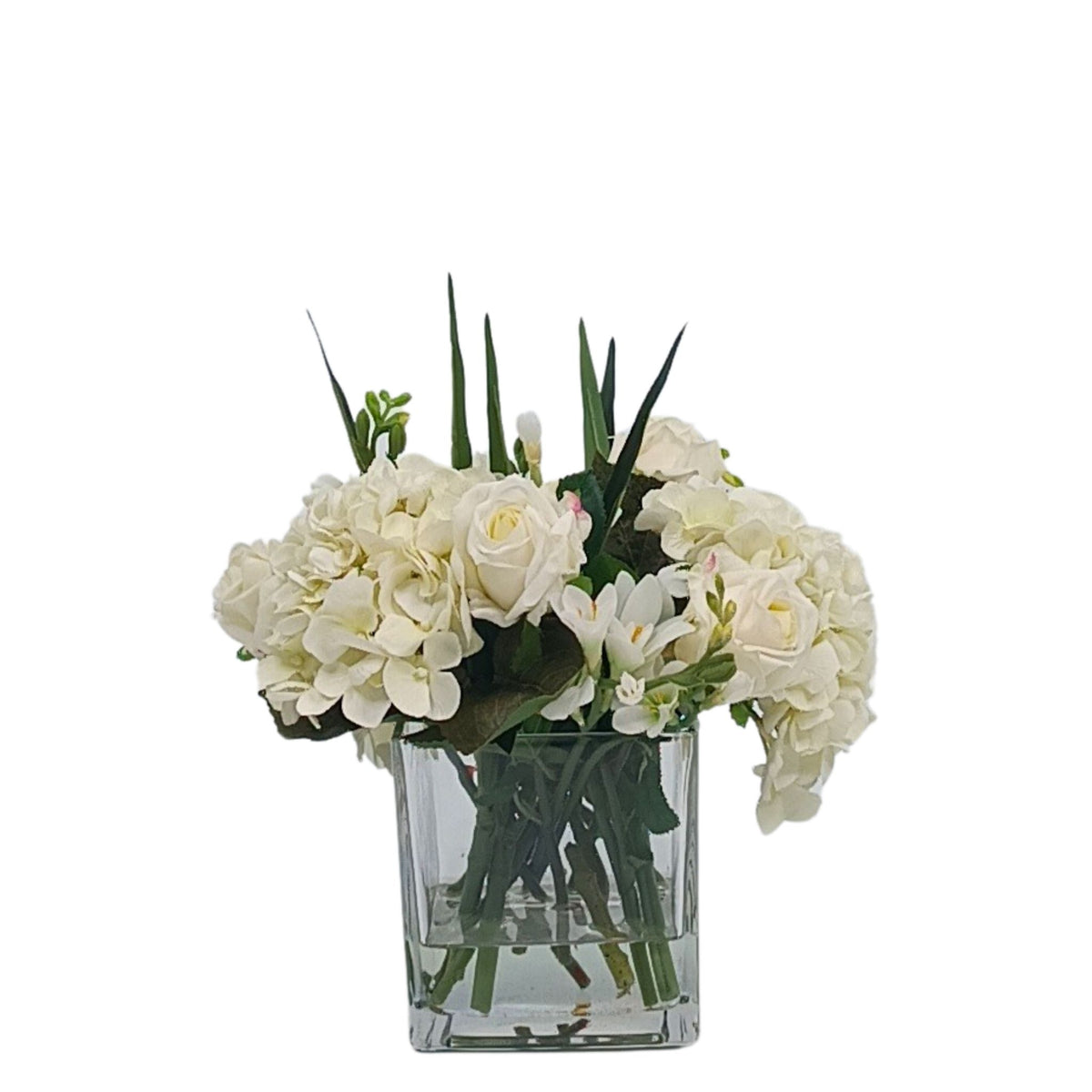 Mix Hydrangea Rose Freezia Arrangement in Square Glass Vase