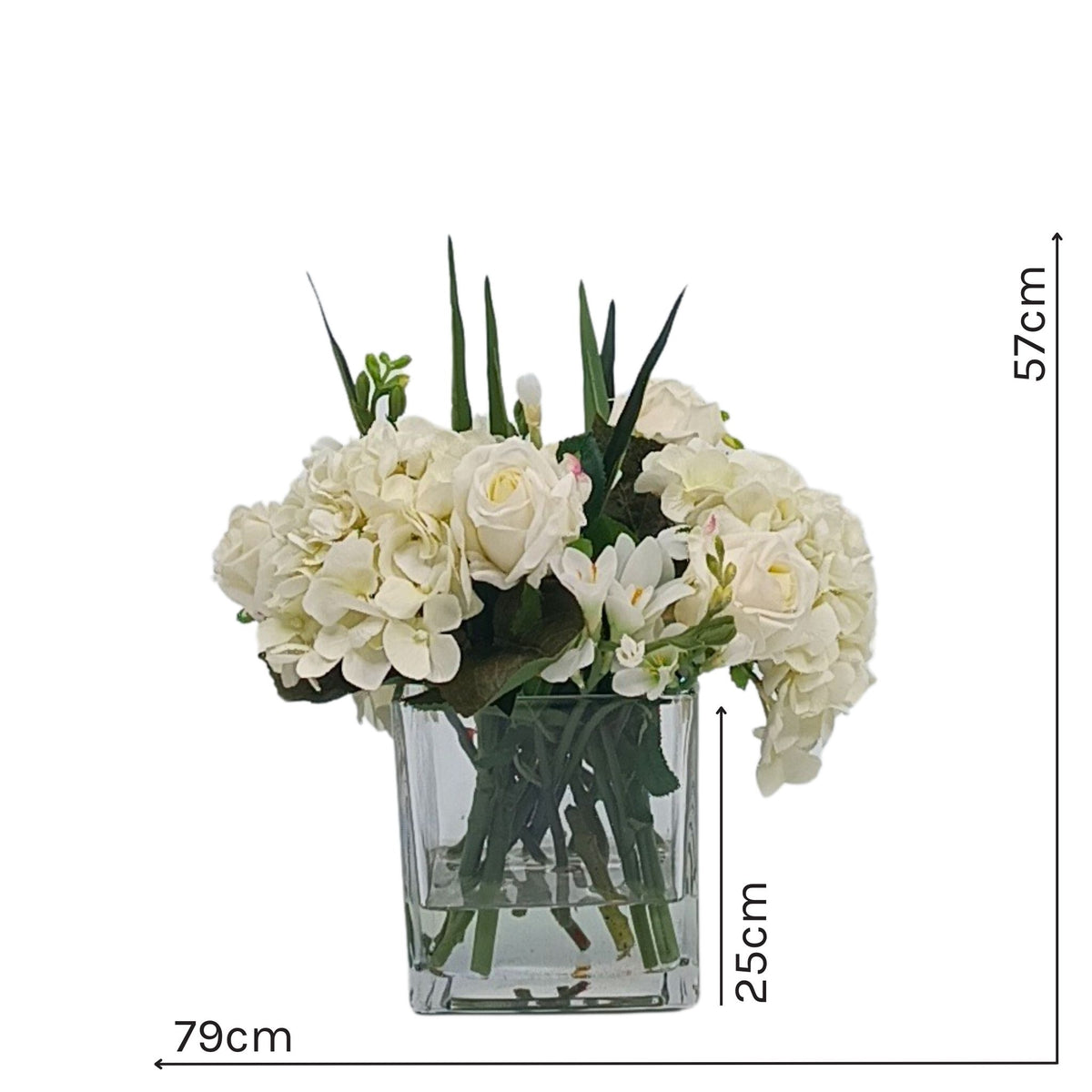 Mix Hydrangea Rose Freezia Arrangement in Square Glass Vase