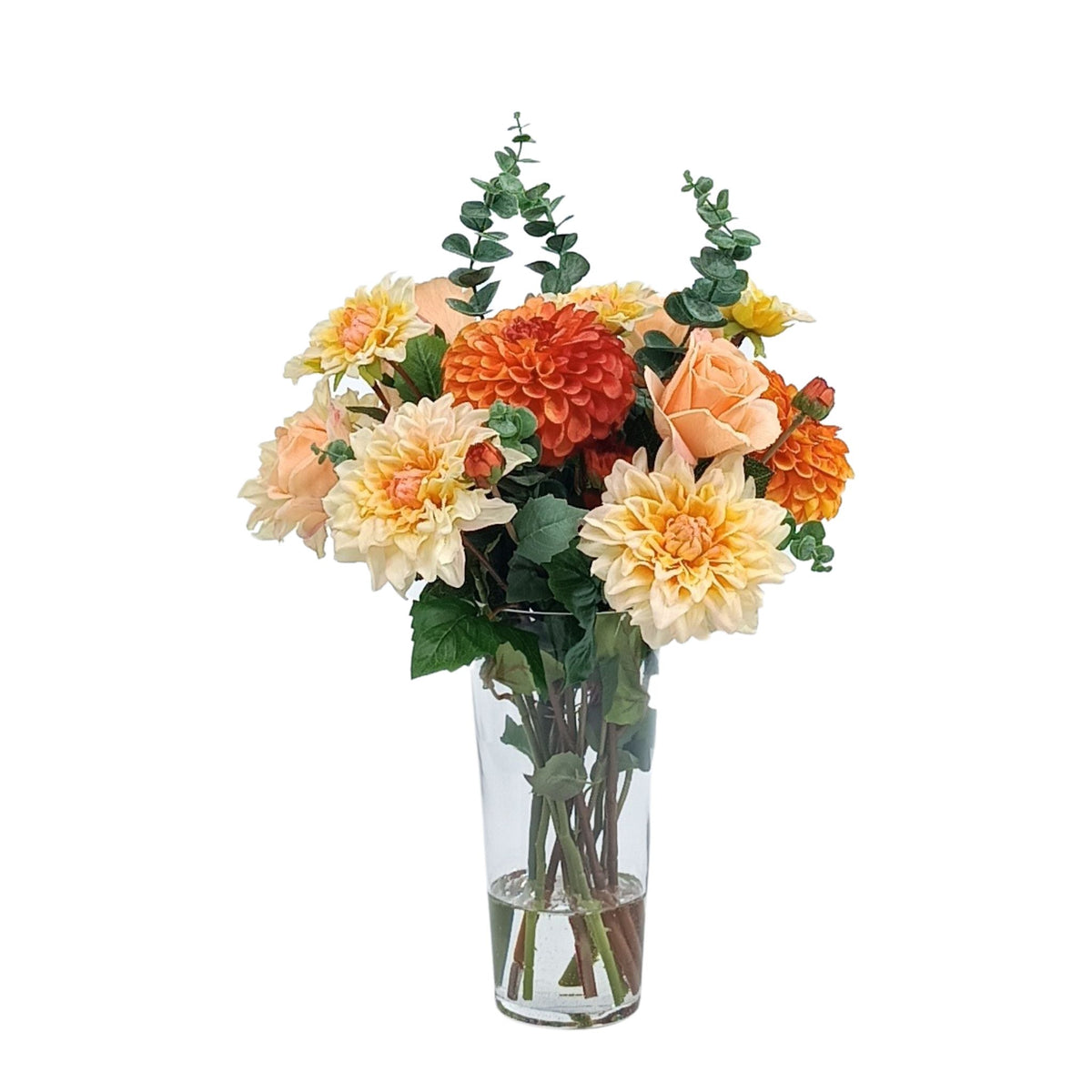 Mix Rose Dahlia Eucalyptus Arrangement in Cone Glass Vase