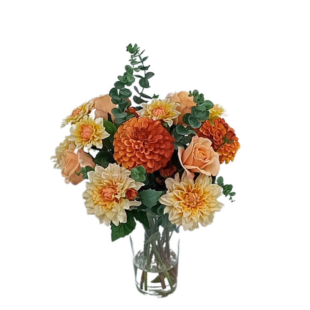 Mix Rose Dahlia Eucalyptus Arrangement in Cone Glass Vase