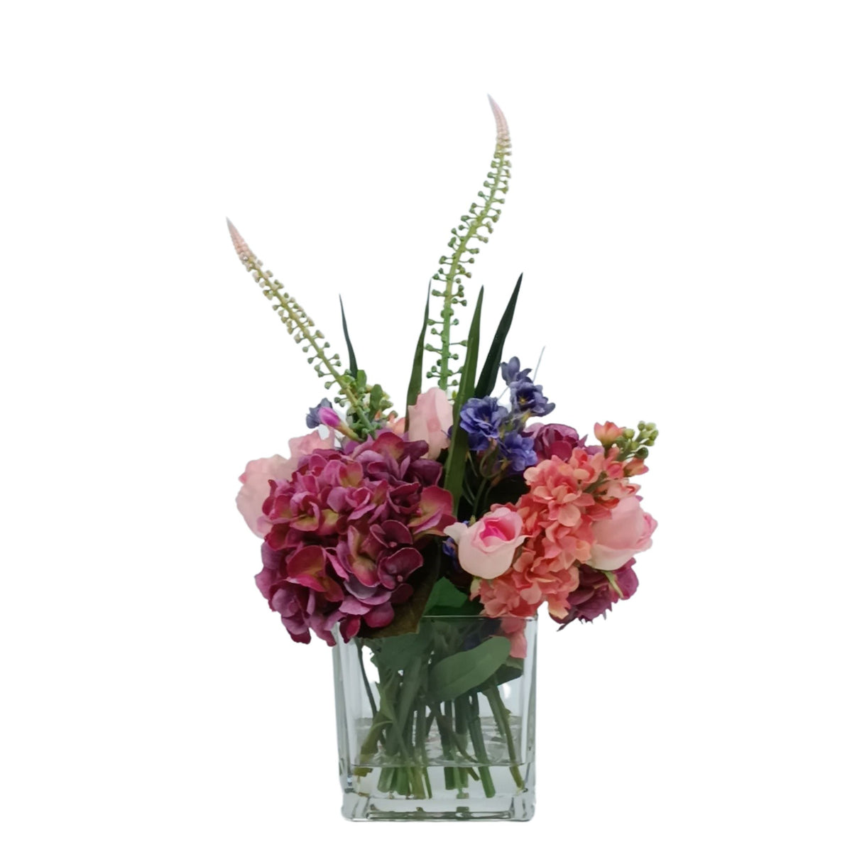 Mix Hydrangea Rose Freezia Arrangement in Square Glass Vase