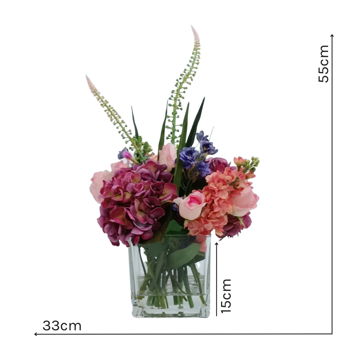 Mix Hydrangea Rose Freezia Arrangement in Square Glass Vase