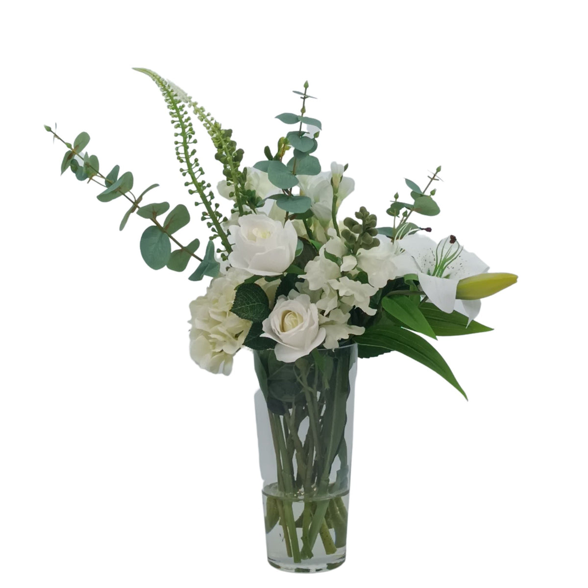 Mix Hydrangea Rose Lily Snapdragon Arrangement in Tapered Glass Vase