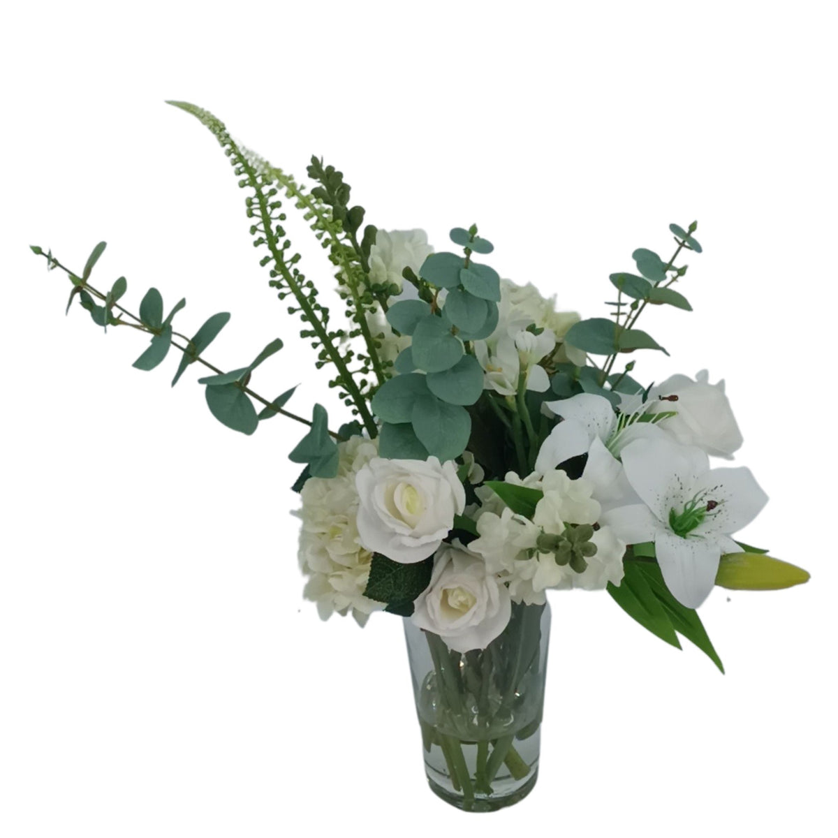 Mix Hydrangea Rose Lily Snapdragon Arrangement in Tapered Glass Vase