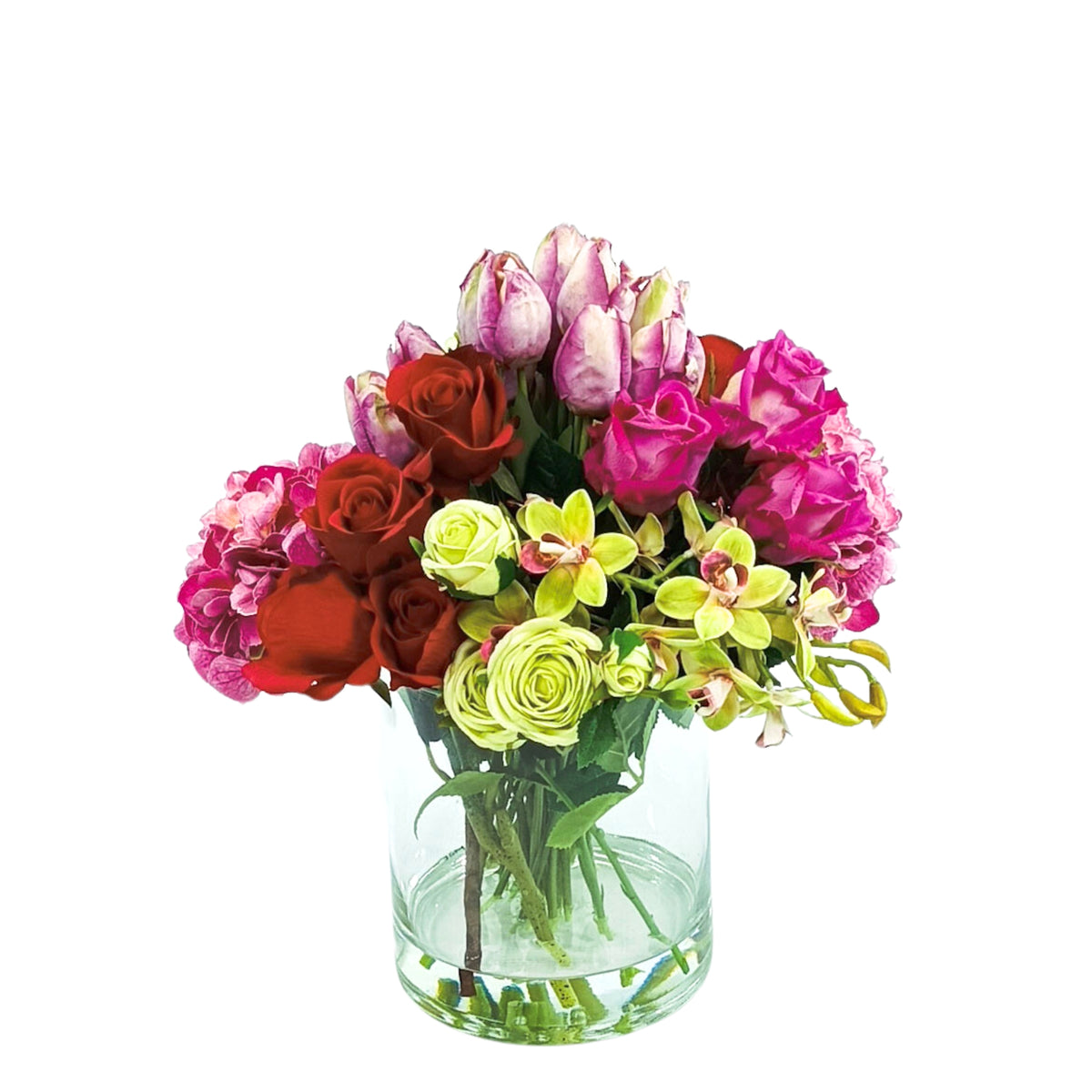 Roses Hydrangea Tulips Orchid Artichoke Mix Arrangement in Glass Vase