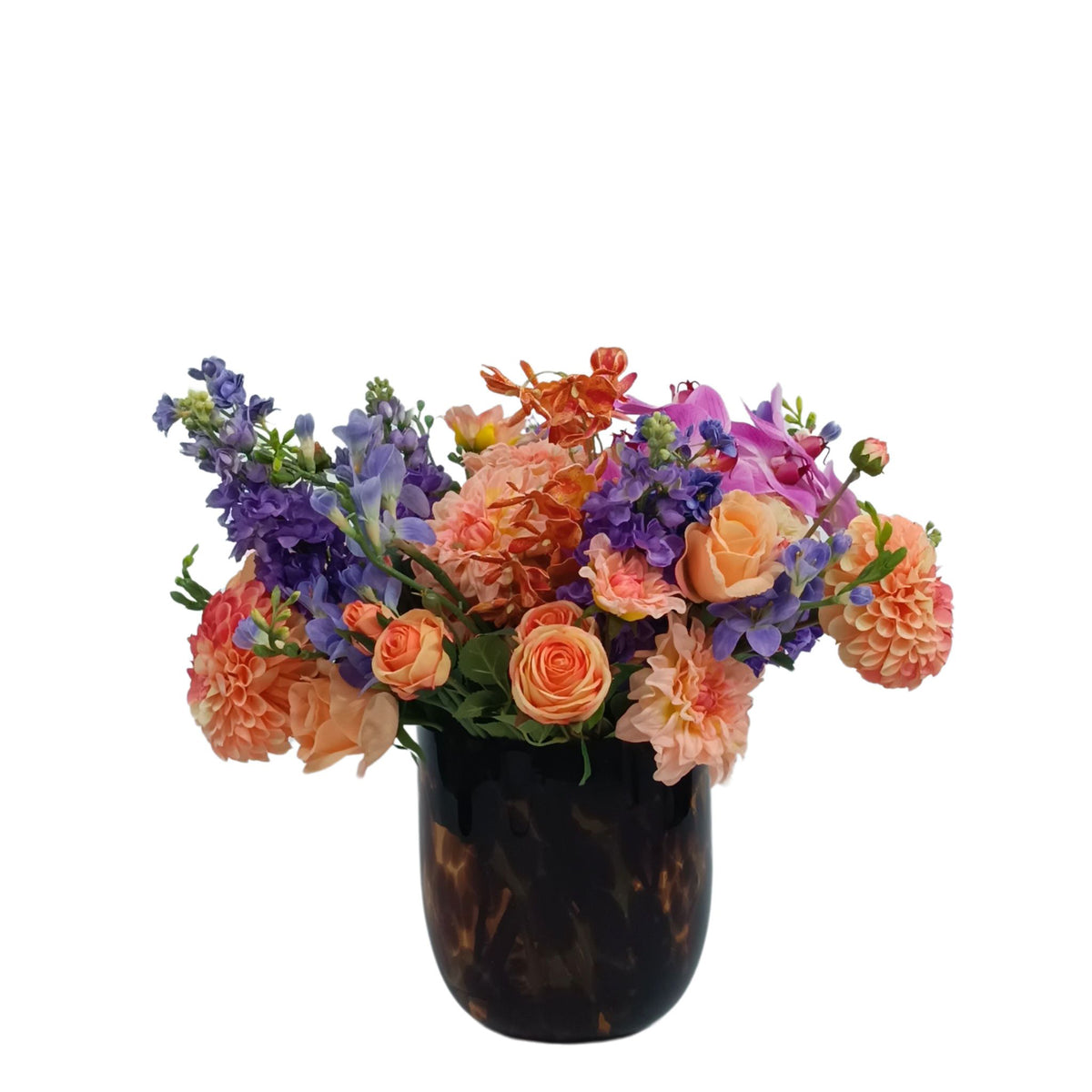 Mix Rose Snapdragon Dahlia Silk Flower Arrangement in Tortoise Shell Vase. Front view available from www.plantcouture.co.za. 