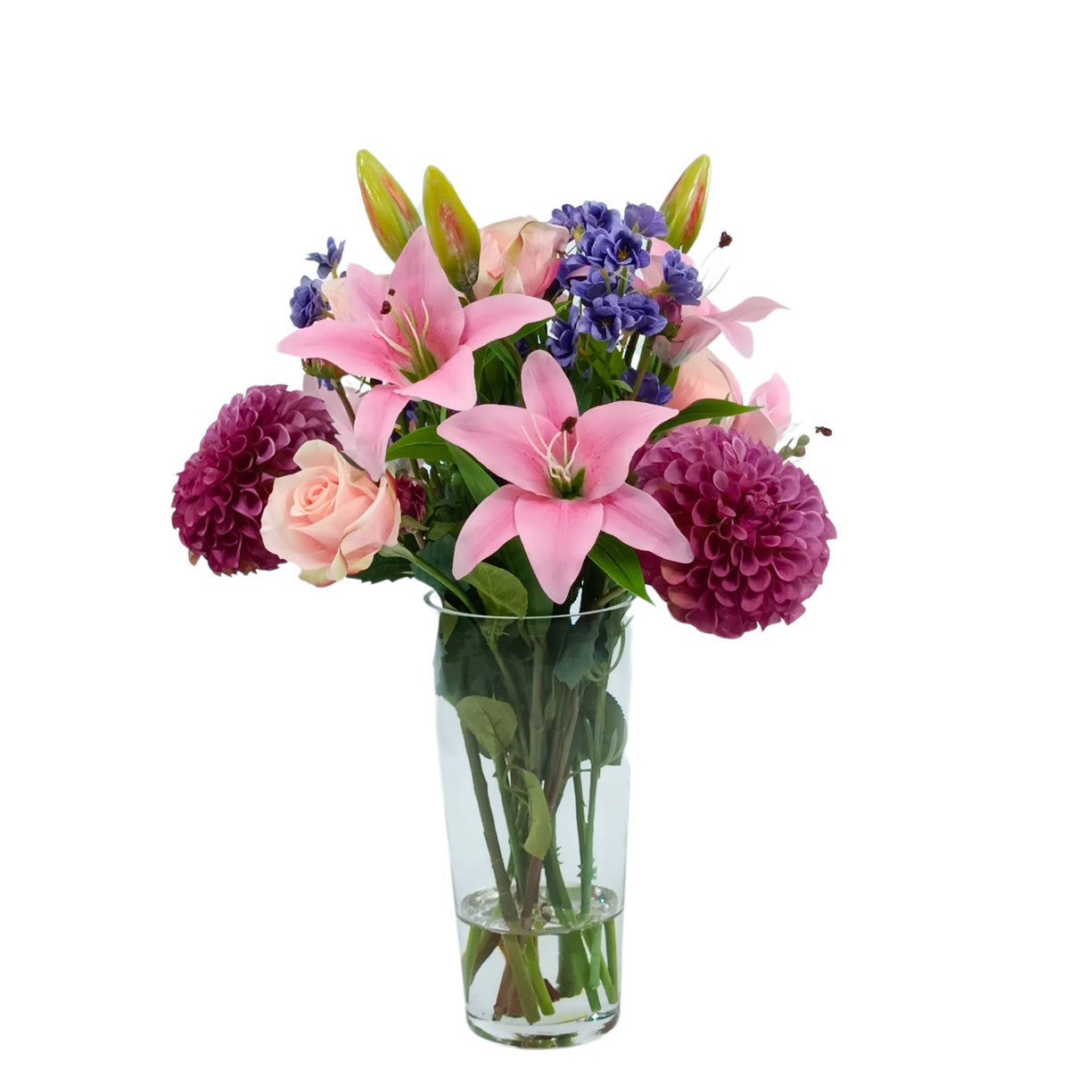 Mix Dahlia Rose Lily Arrangement in Tall Glass Vase