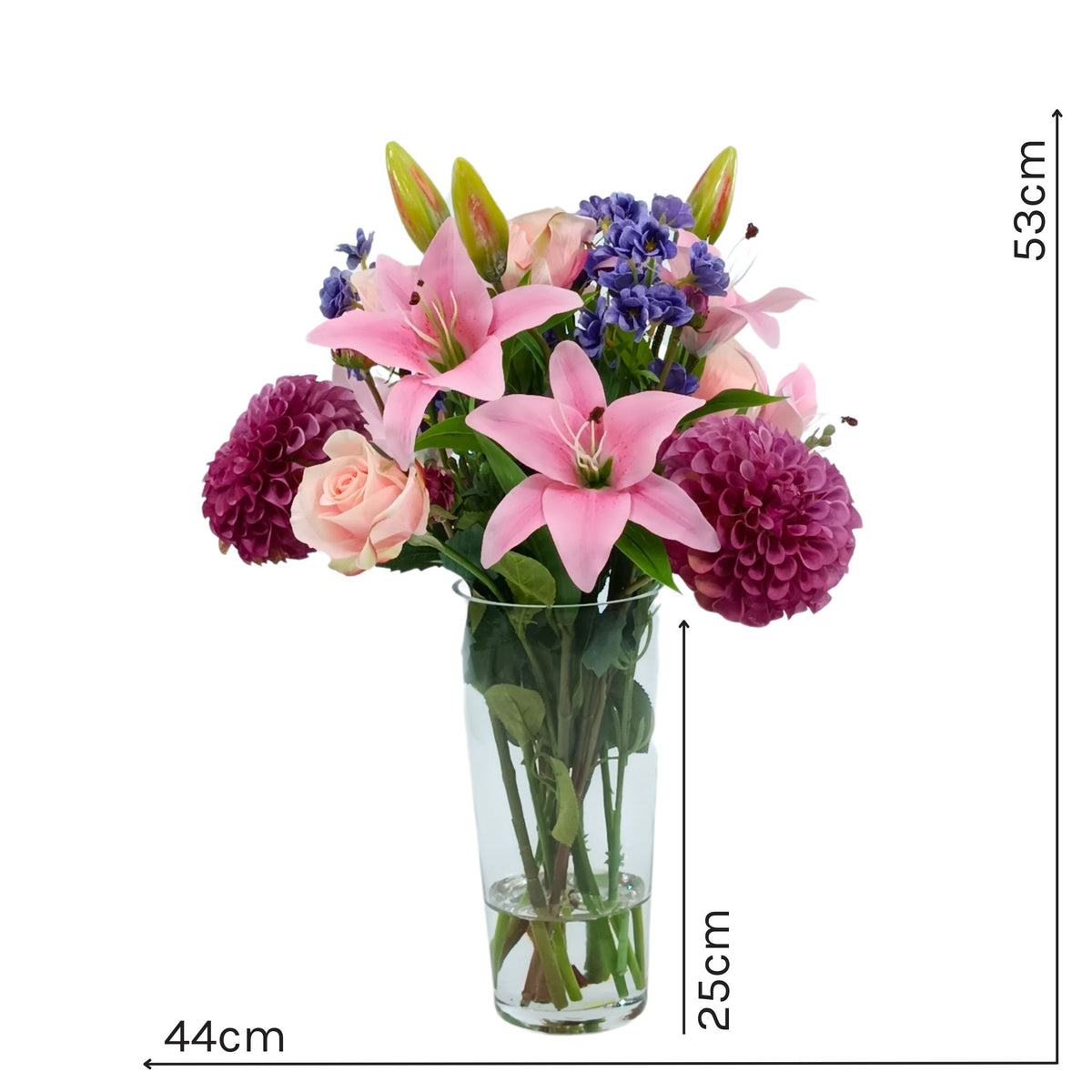 Mix Dahlia Rose Lily Arrangement in Tall Glass Vase