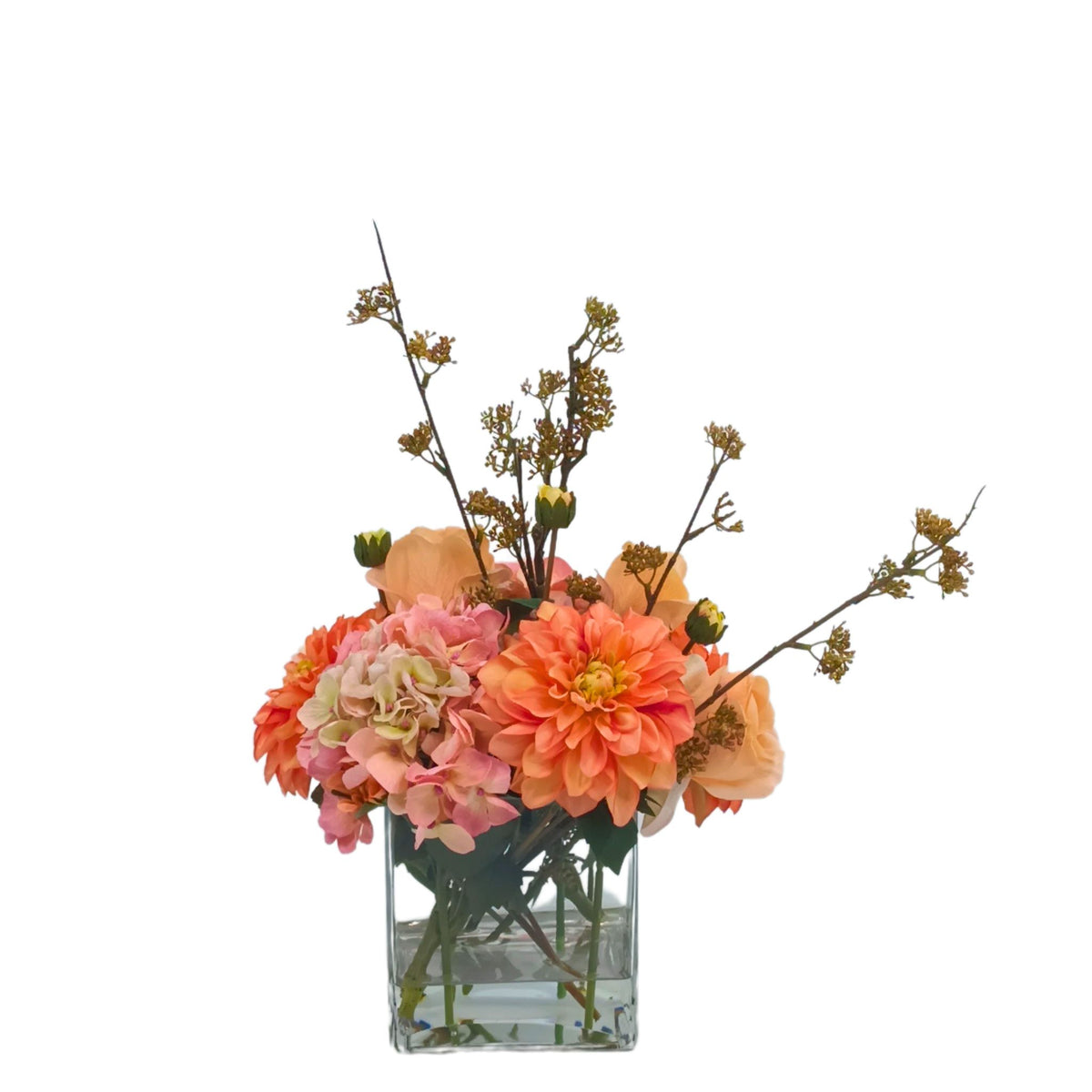 Mix Dahlia Rose Hydrangea Arrangement in Square Glass Vase